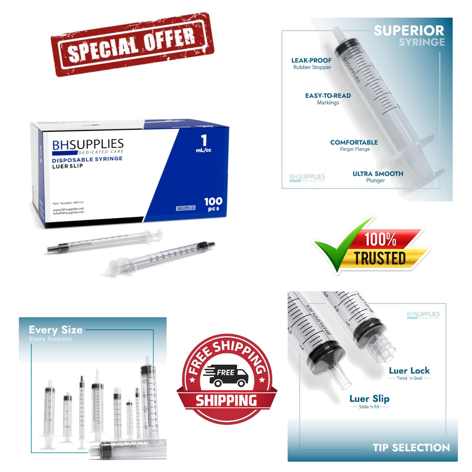 1mL Luer Slip Tip Syringes No Needle – Sterile, Individually Wrapped – 100 Sy…