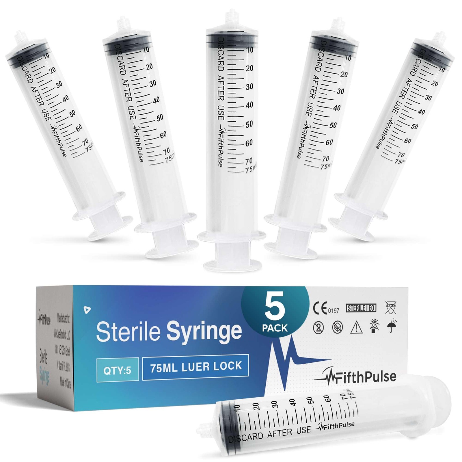 FifthPulse 75 ml Syringe without Needle 5 Pack of Individually Wrapped Dispo…