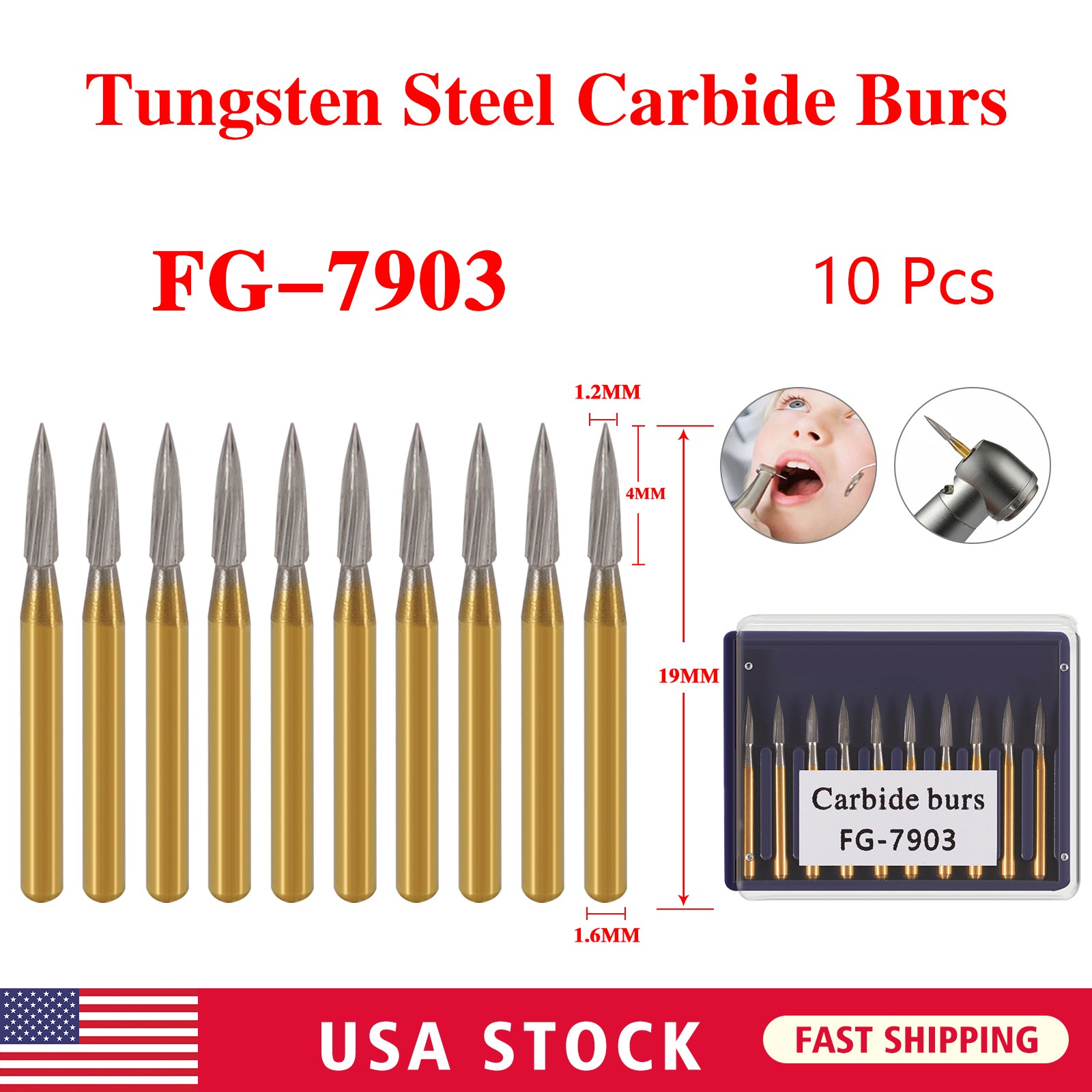 10Pcs Dental Tungsten Carbide Gold Burs Trimming & Finishing Needle Shape FG7903