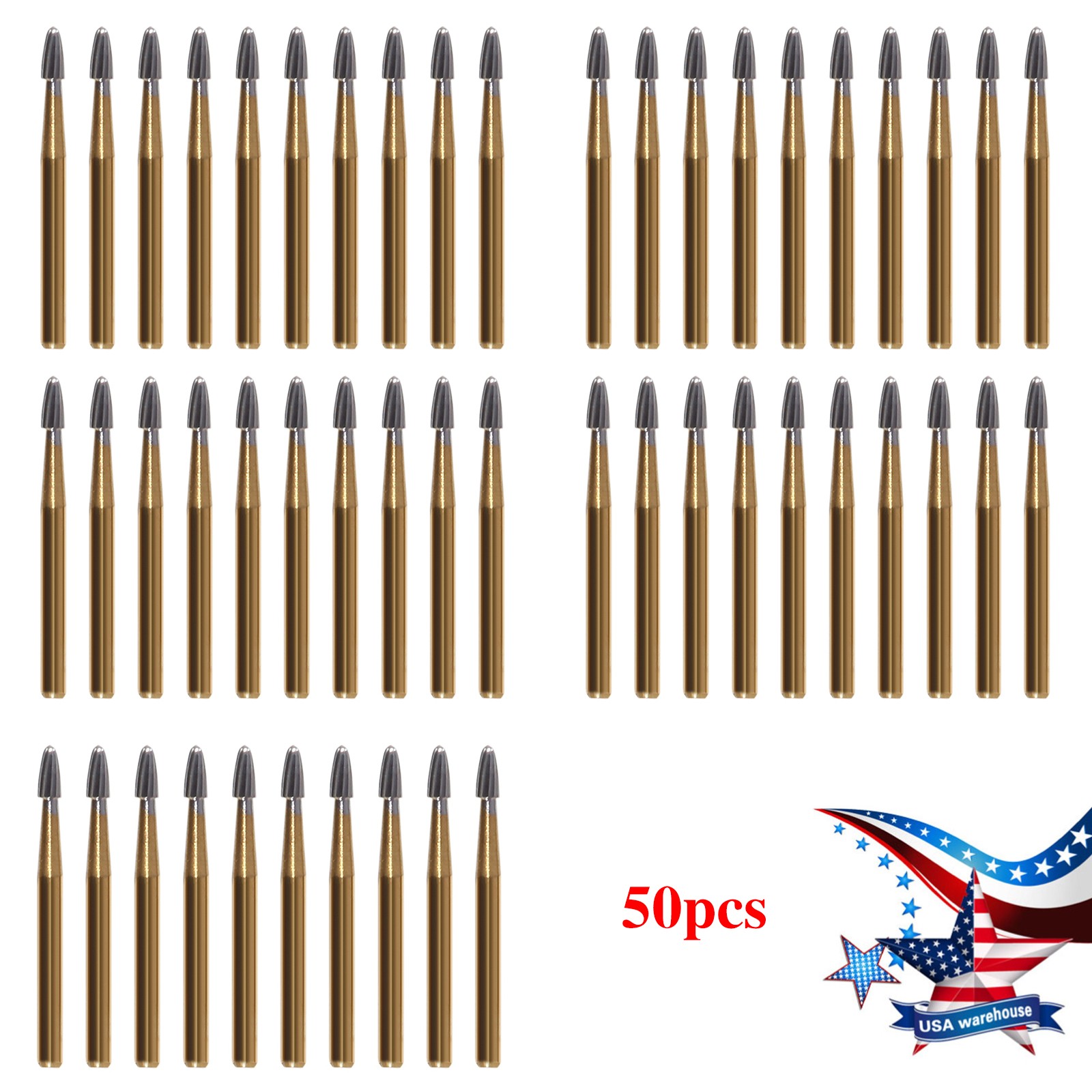 50pcs Dentistry #7404 12-Blade Egg Trimming & Finishing Burs Gold