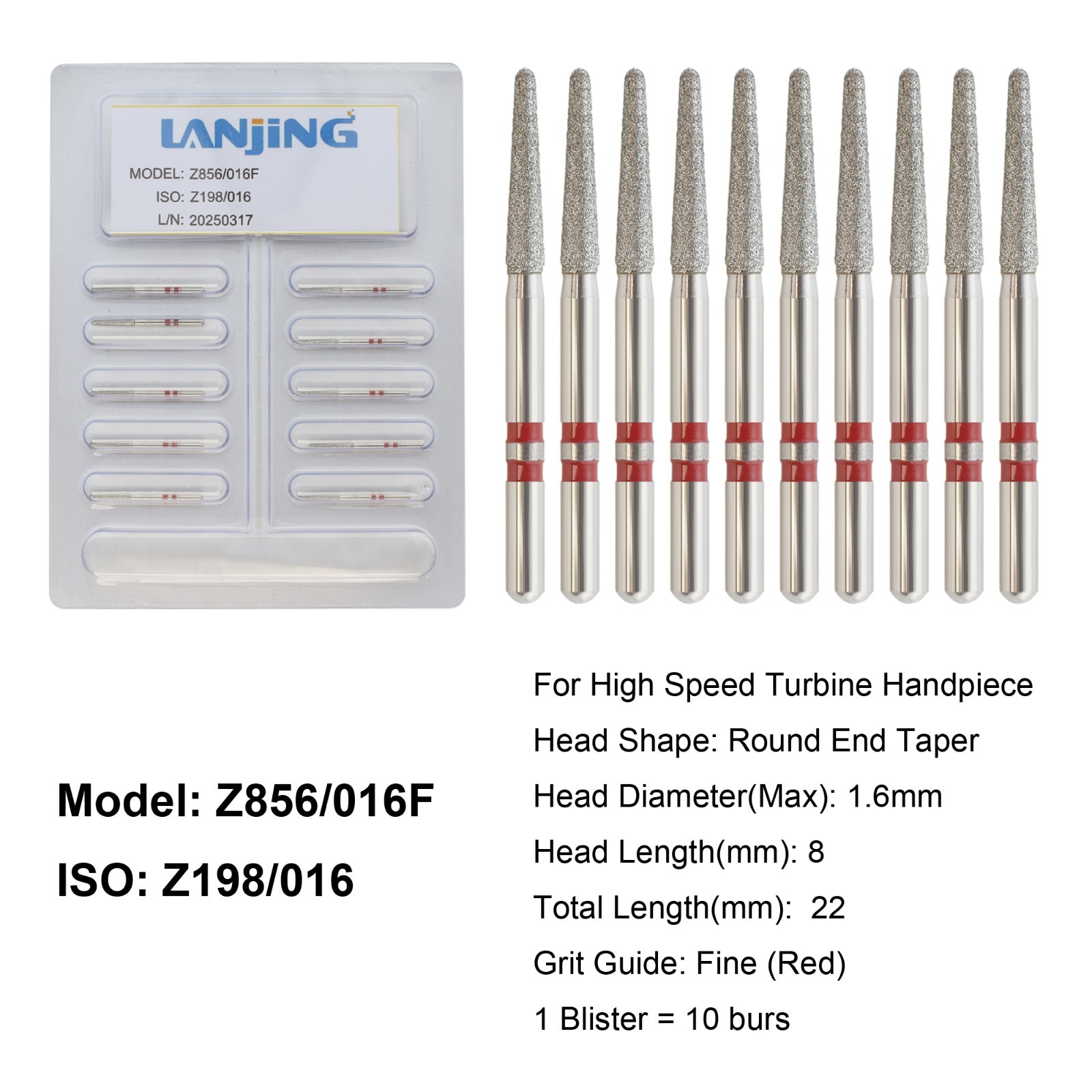 Dental Zirconia Cutting Diamond Bur FG Round End Taper Fine Z856/016F High Speed