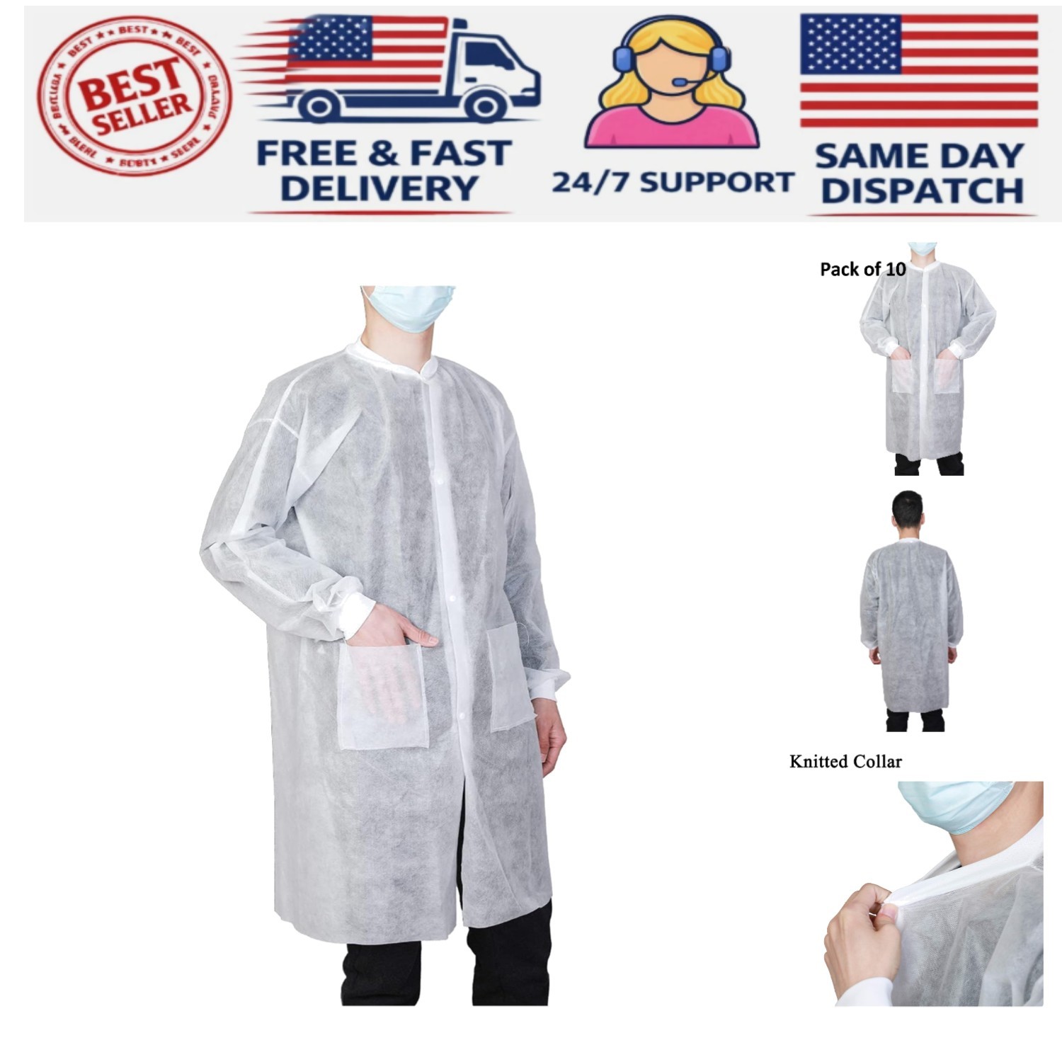 10-Pack Disposable Lab Coats for Adults, Knee Length with 2 Pockets, Knitted …