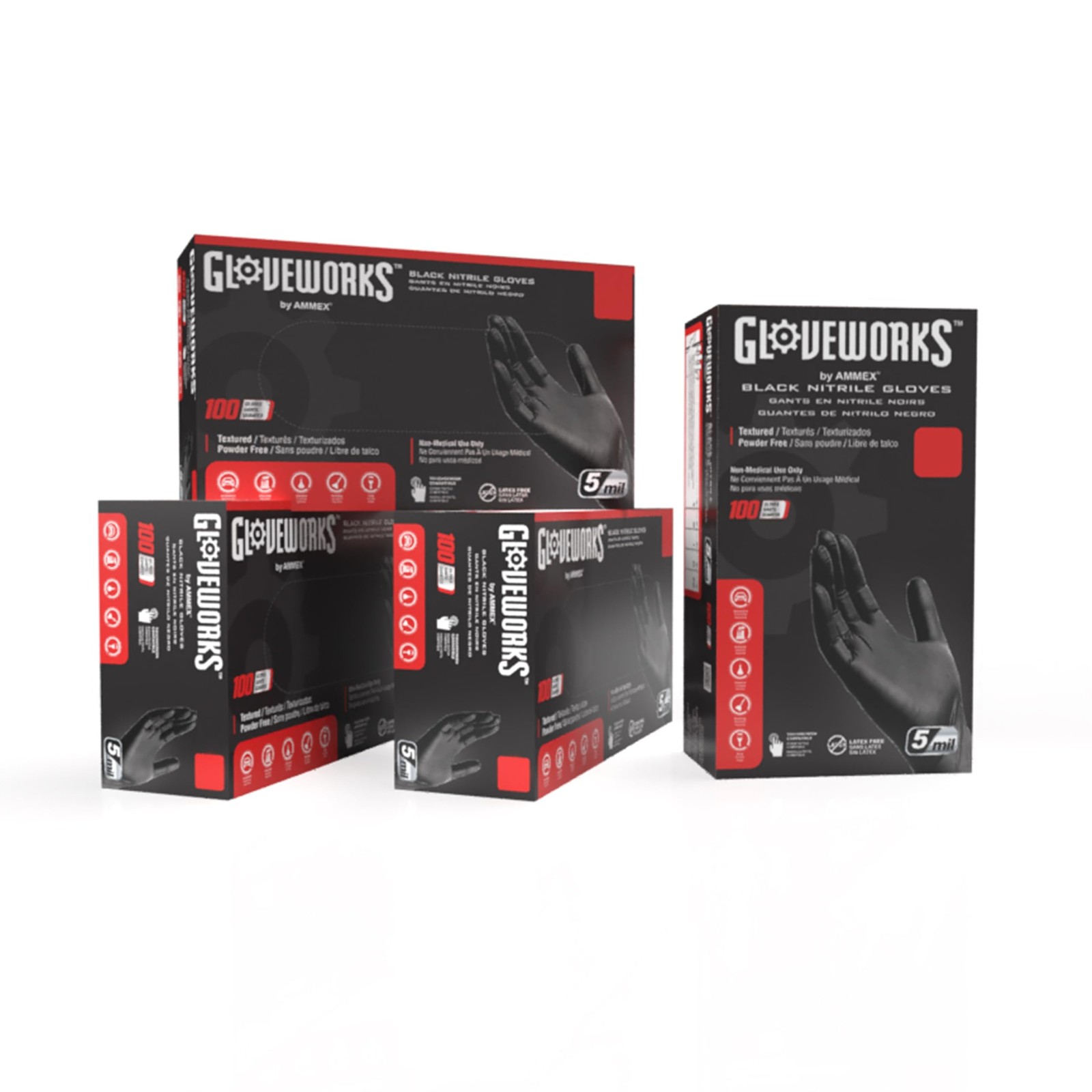 GLOVEWORKS Black Nitrile Gloves, 5 Mil, Large, 4 Boxes of 100