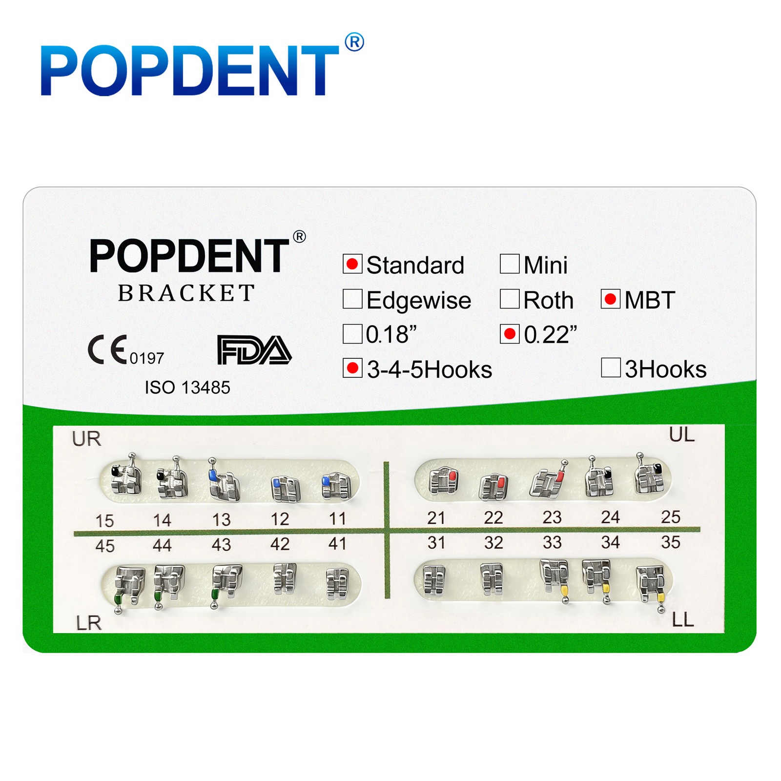 10Kits POPDENT Dental Orthodontic Metal Brackets Standard MBT 022 345H Monoblock