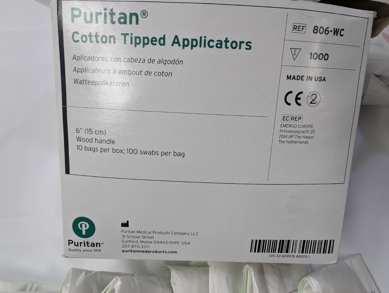 Puritan 806-WC Cotton Tipped Applicators 6″ Wood Handle 800ct 8 Bags x 100 USA