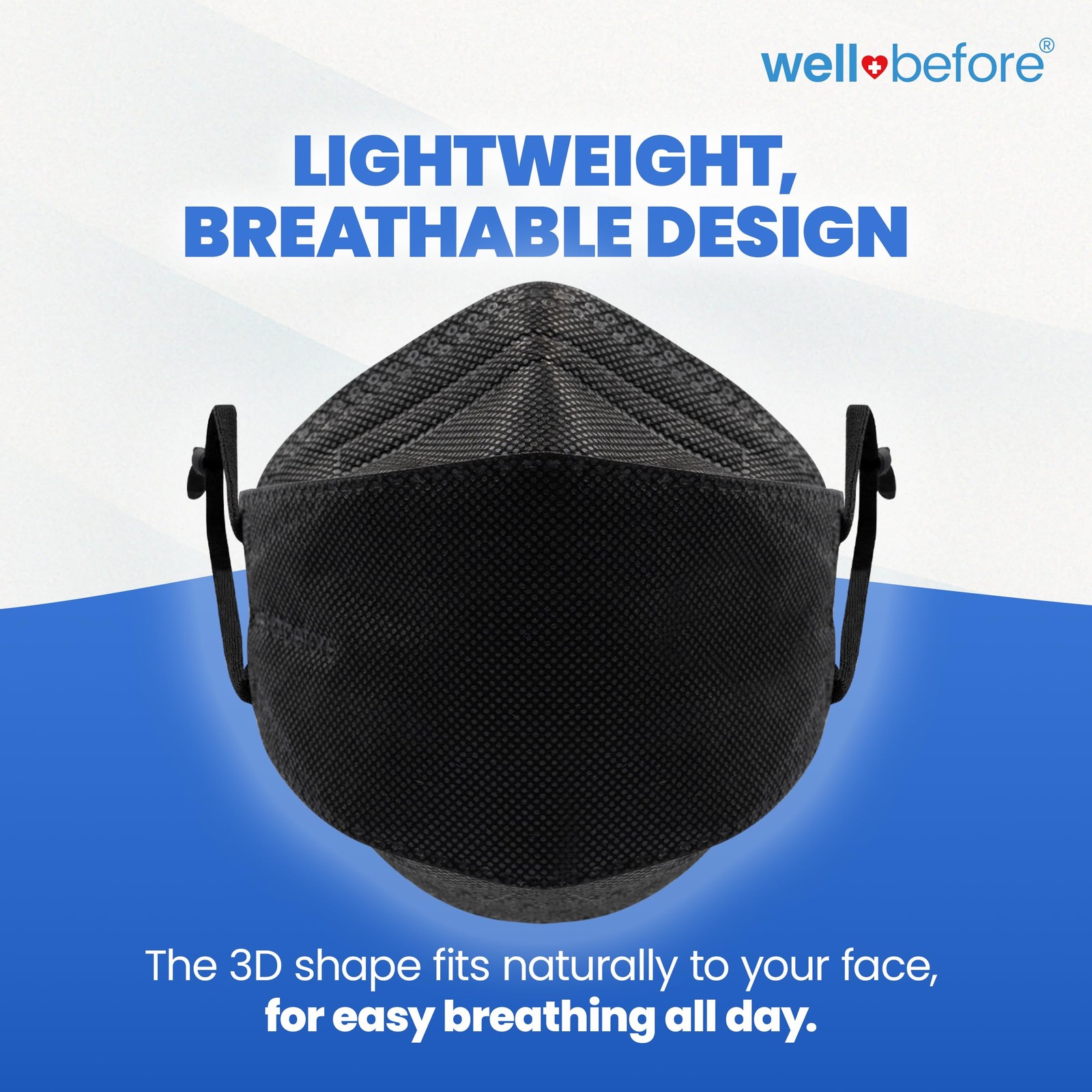 3D KN95 Disposable Masks with Adjustable Ear Loops, Medium, Black, Pack of 10