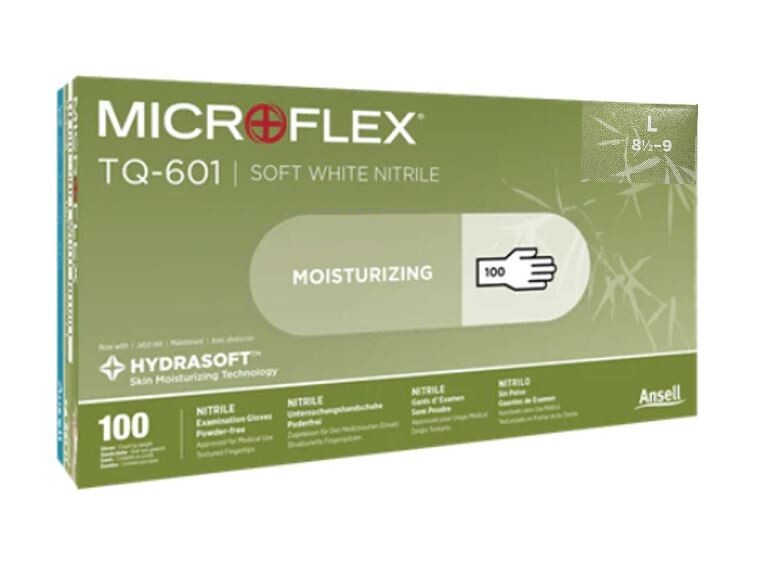 *100-Gloves* MicroFlex Soft White PF Hydrasoft Nitrile Exam Large TQ-601-L