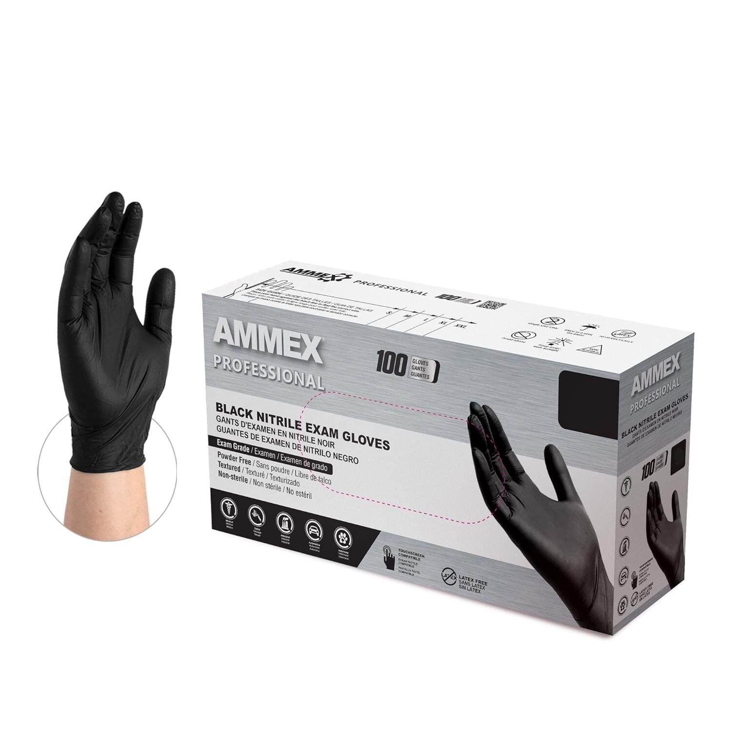 CASE of 1000 Ammex (XLARGE) Black Nitrile Gloves Disposable Medical Exam Gloves