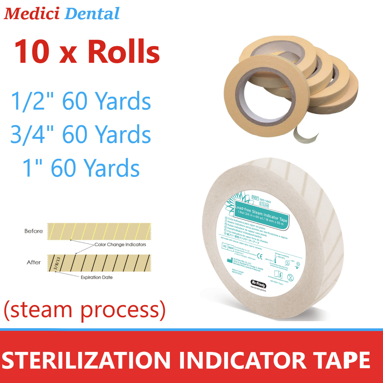 10 x AMGGoods Dental Autoclave Sterilization Indicator Tape 1/2″, 1x 60 Yards