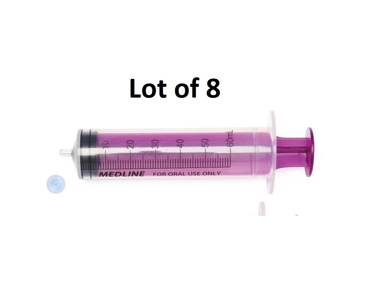 8-pack , 60mL Oral Syringe , Medline, Sterile Clear Barrel Purple Plunger w/ Cap