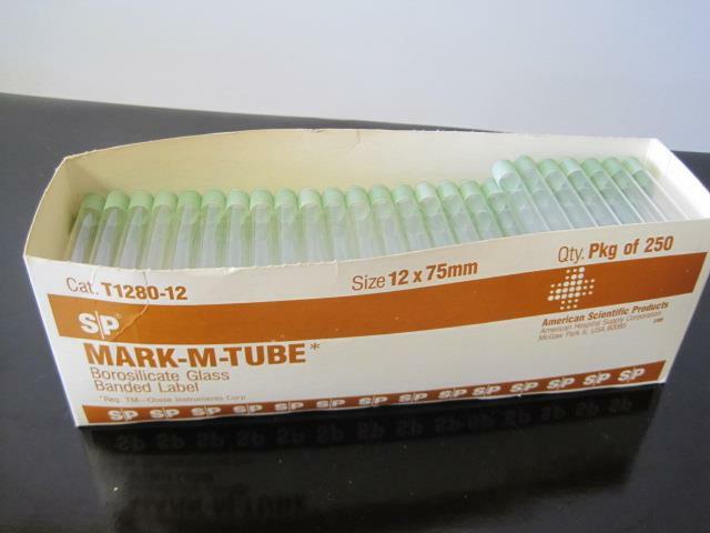 BOX OF 207 S/P BOROSILICATE GLASS BANDED LABEL T1280-12 12X75MM CULTURE TUBES