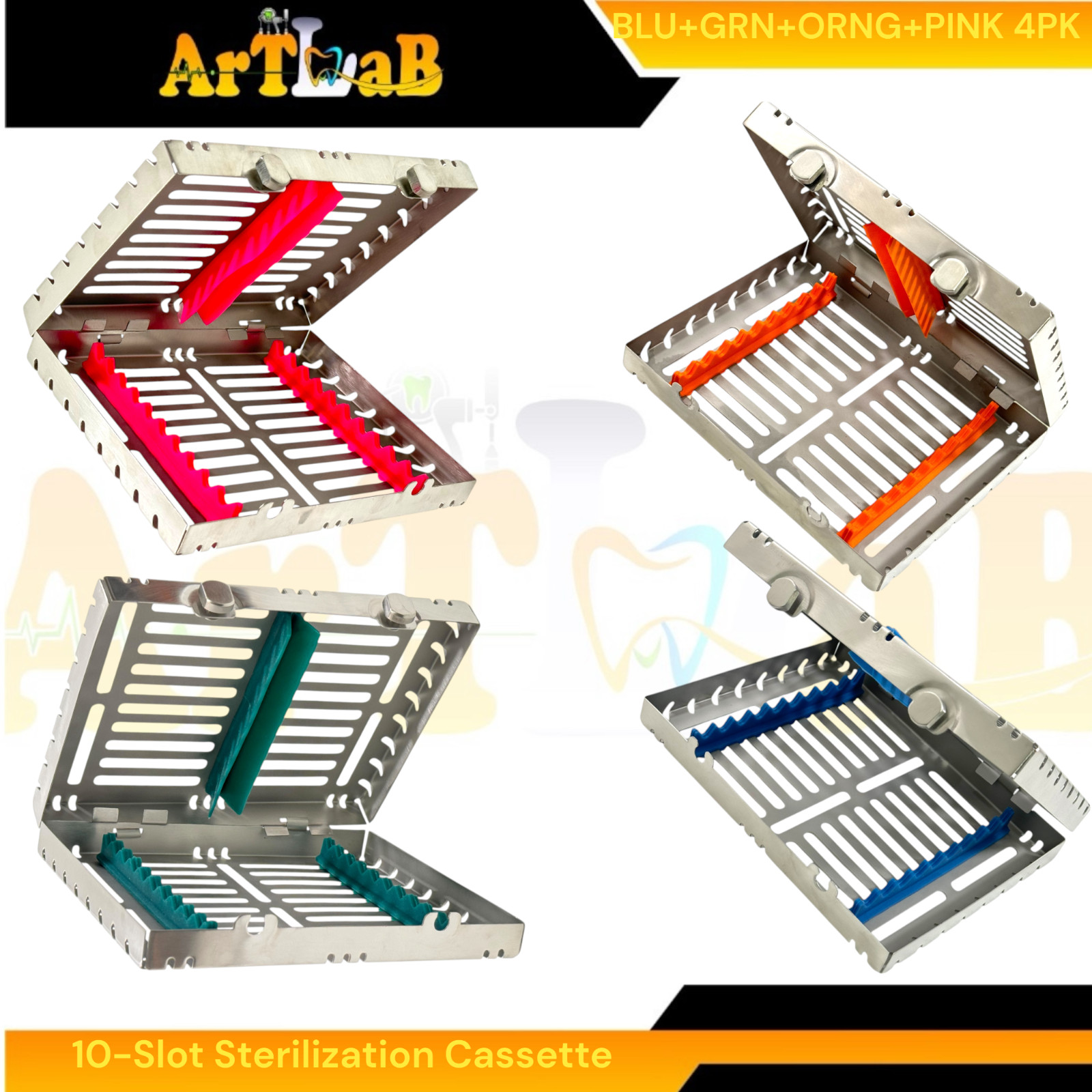 Set of 4 EA – 10-Slot Sterilization Cassettes, 2-Button Lock, Detachable, Dental