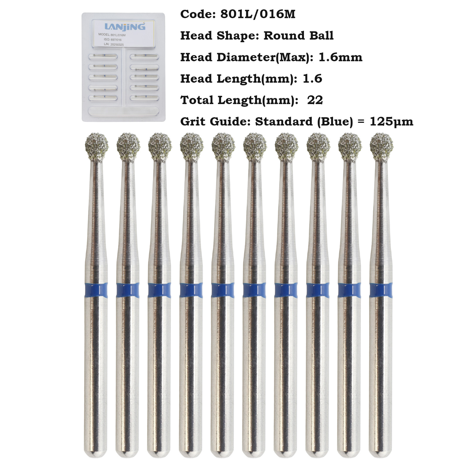 Dental Diamond Burs for High Speed Handpiece FG Surgical Long Round Ball 801/016
