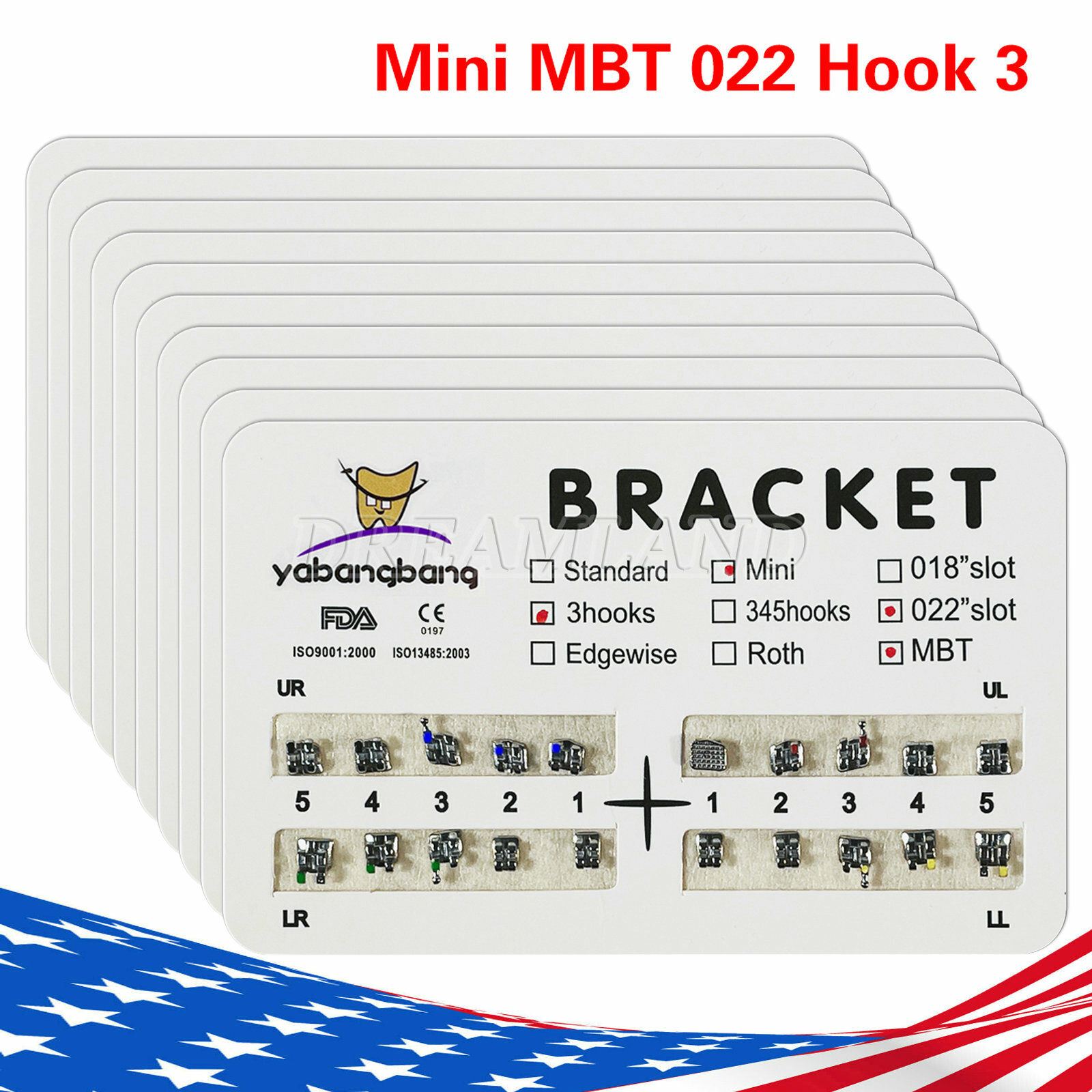 10 Packs Dental Orthodontic Metal Braces Brackets Mini MBT 022″Slot 3 Hooks YBB