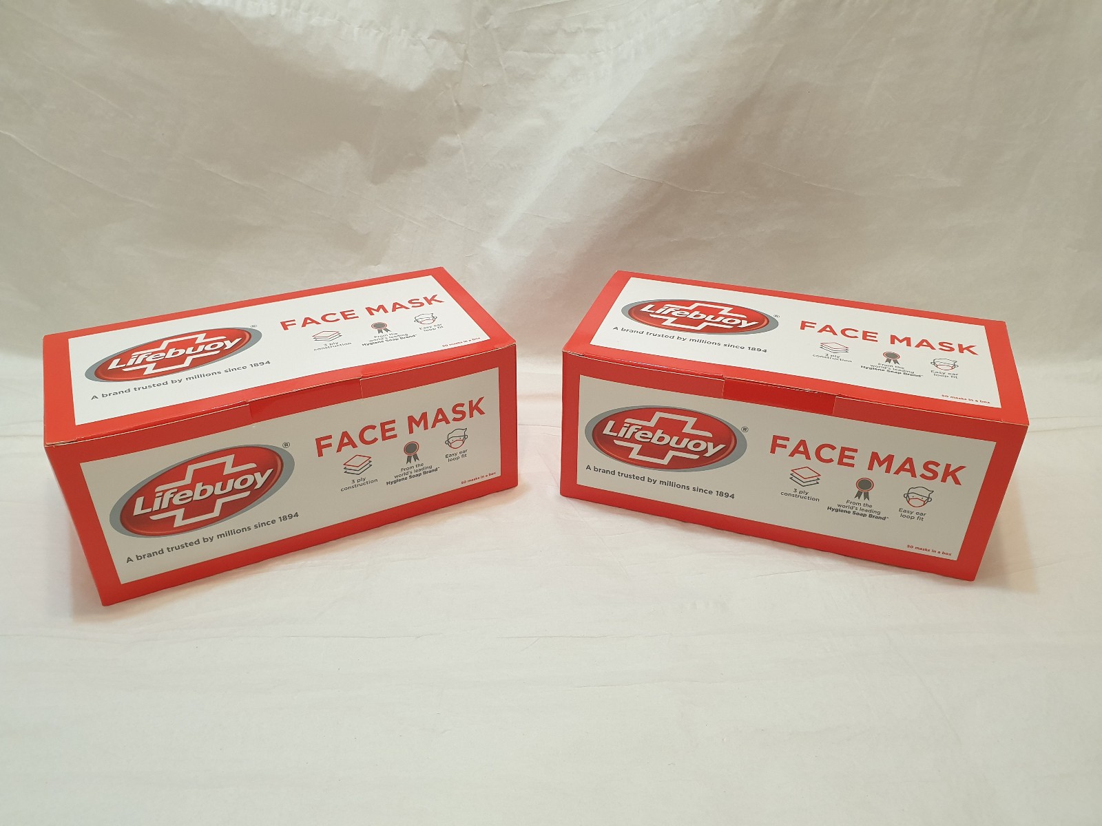 (2) Boxes of Unilever Lifebuoy brand 3 Layer Face Masks 50ct 3 Ply 100 Total EXP