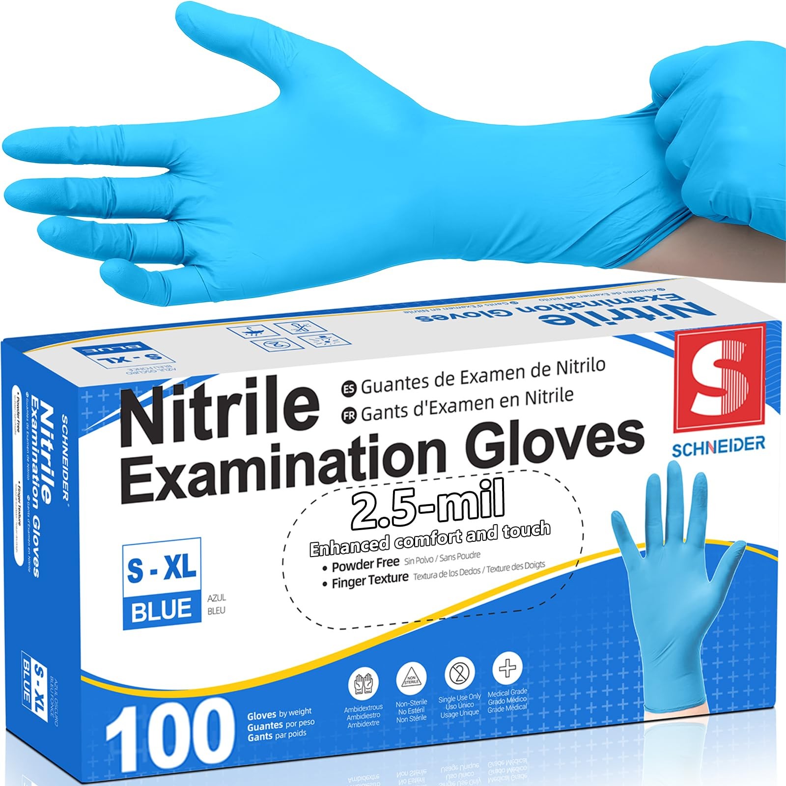 Schneider Nitrile Exam Gloves, Blue Disposable Gloves Latex Free Large,