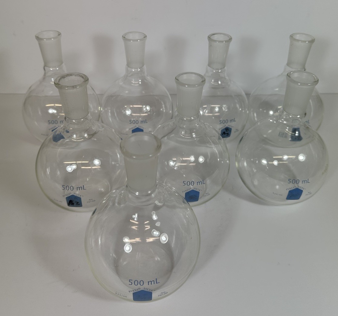 Pyrex Vista 500 mL Round Bottom Flasks No. 70100 Flat Boiling 24/40 Lot Of 8