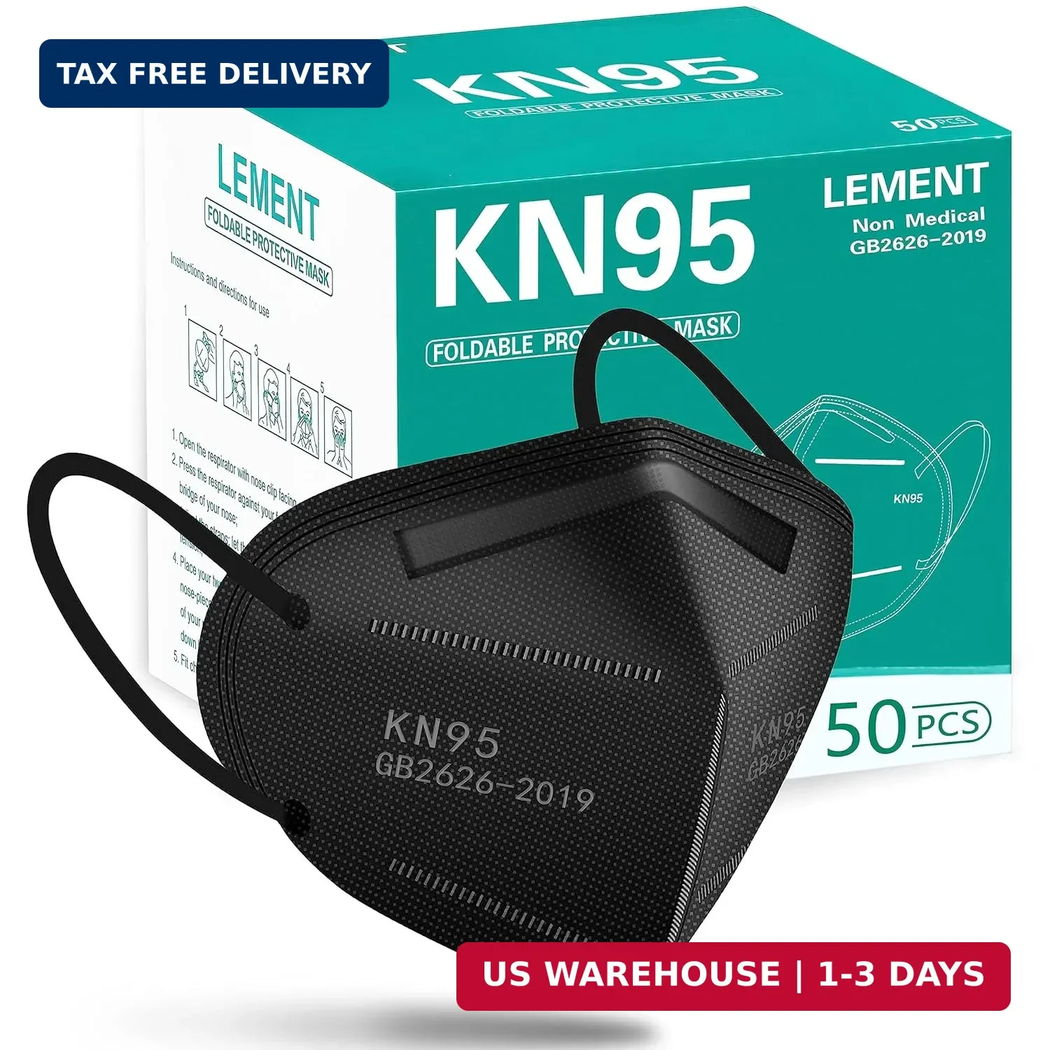 LEMENT 50pcs KN95 Face Mask Black 5 Layer Cup Dust Safety Masks Filter Efficienc