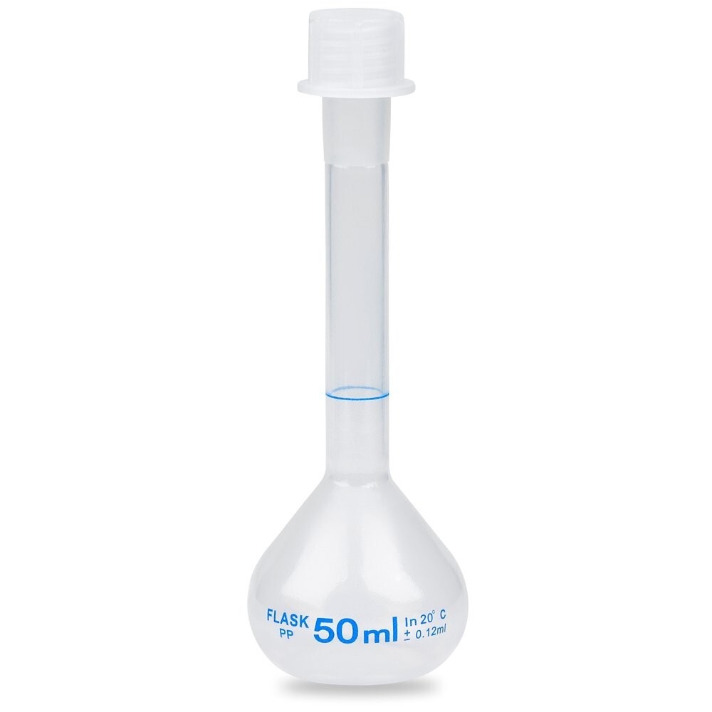 50ml Volumetric Flask, PP Material, with PP Screw Cap, Printed Grads, (Pack/10)
