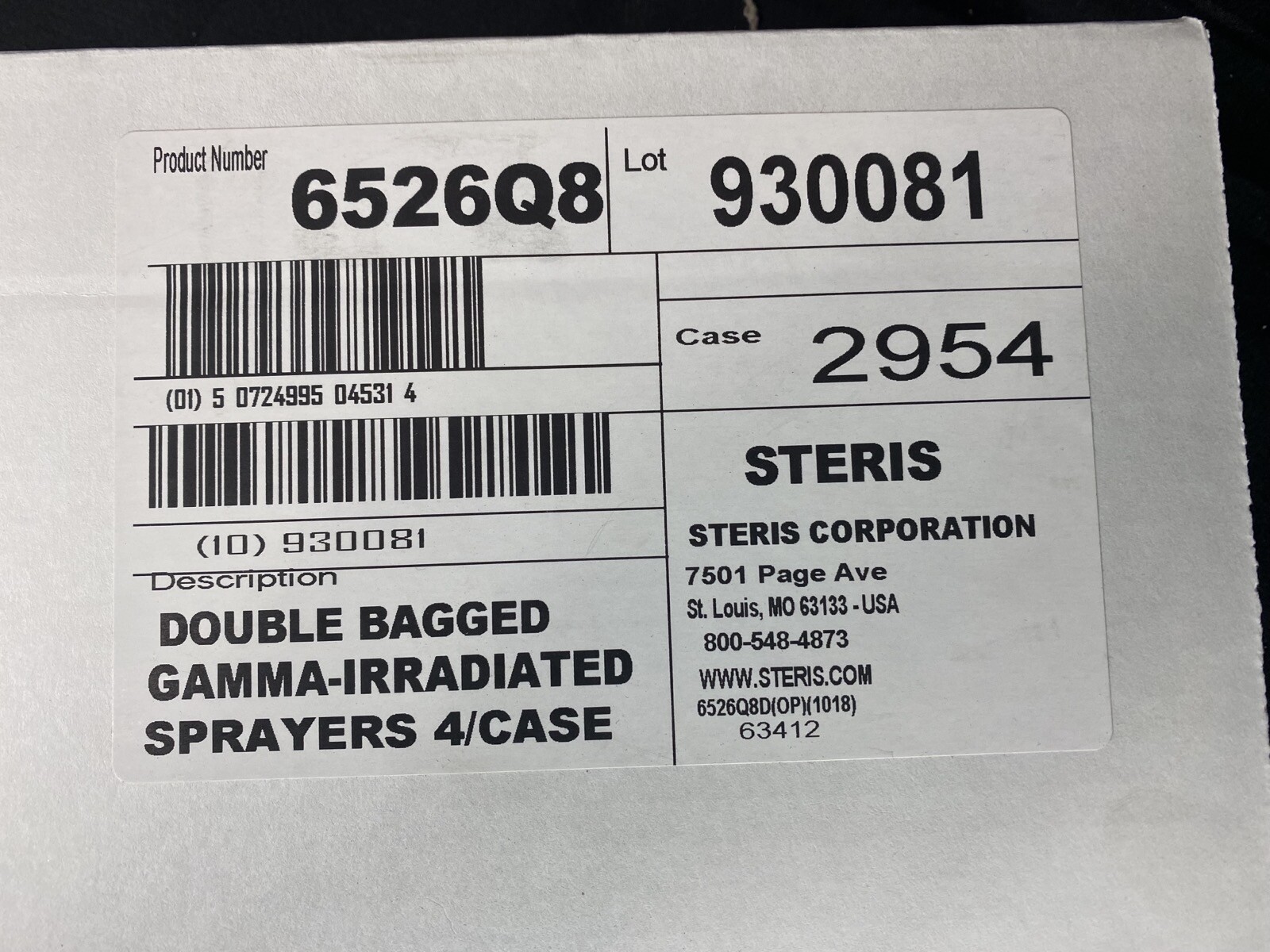 STERIS CORPORATION Double Bagged Gamma-Irradiated Sprayers 6526Q8 (4/cs)