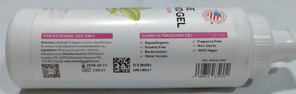 RED 250ml Medium Viscosity Ultrasound Gel, Clear EXP2028OCT11 – Lot of 4
