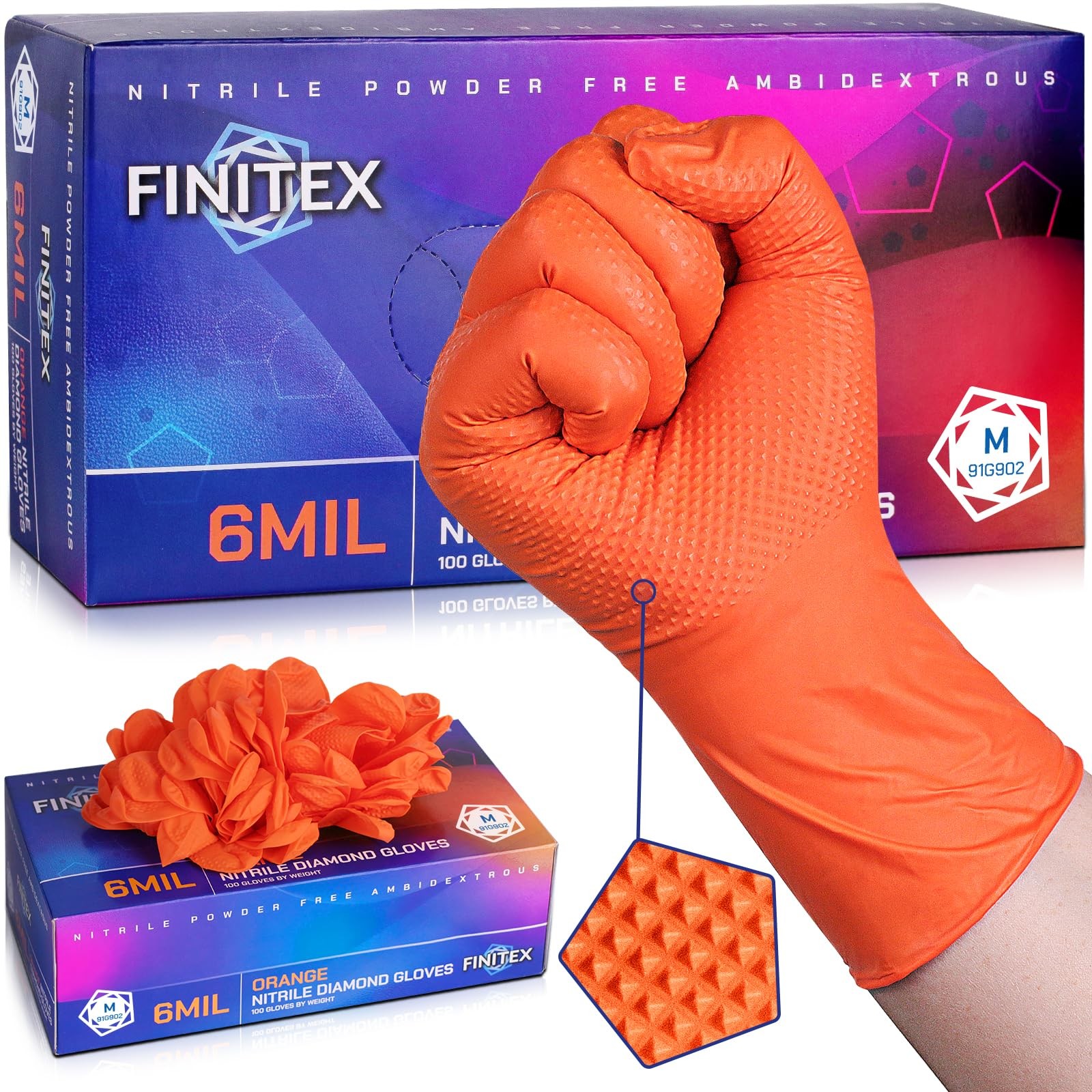 Industrial Diamond Texture Nitrile Orange Glove – 1000PCS Resistant 6.3mil Me…