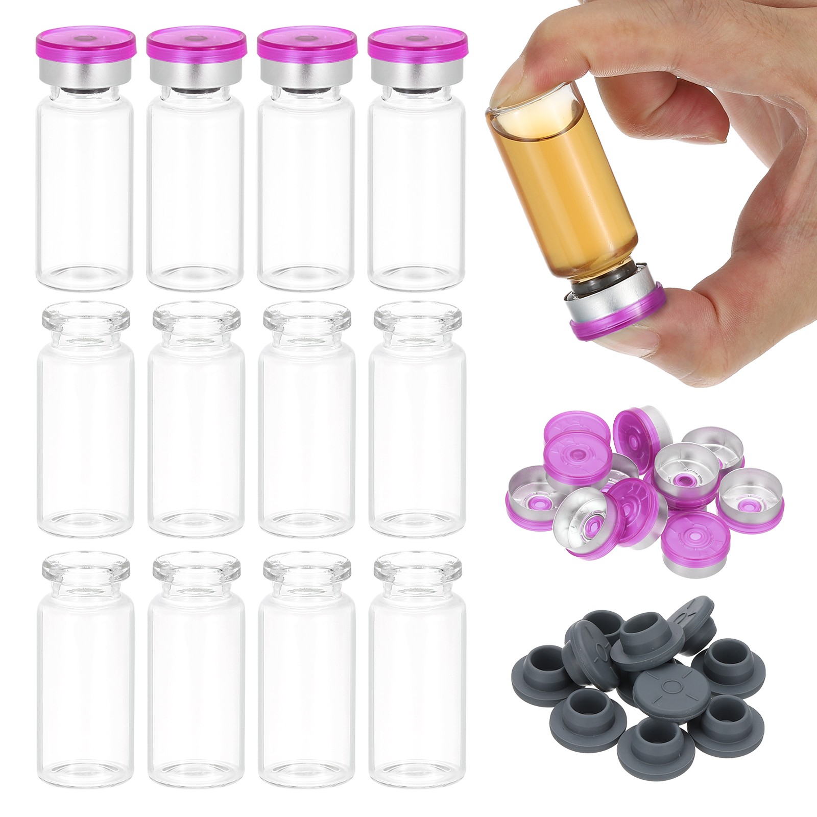 12pcs 10ml Small Clear Glass Vials with Purple Silver Color