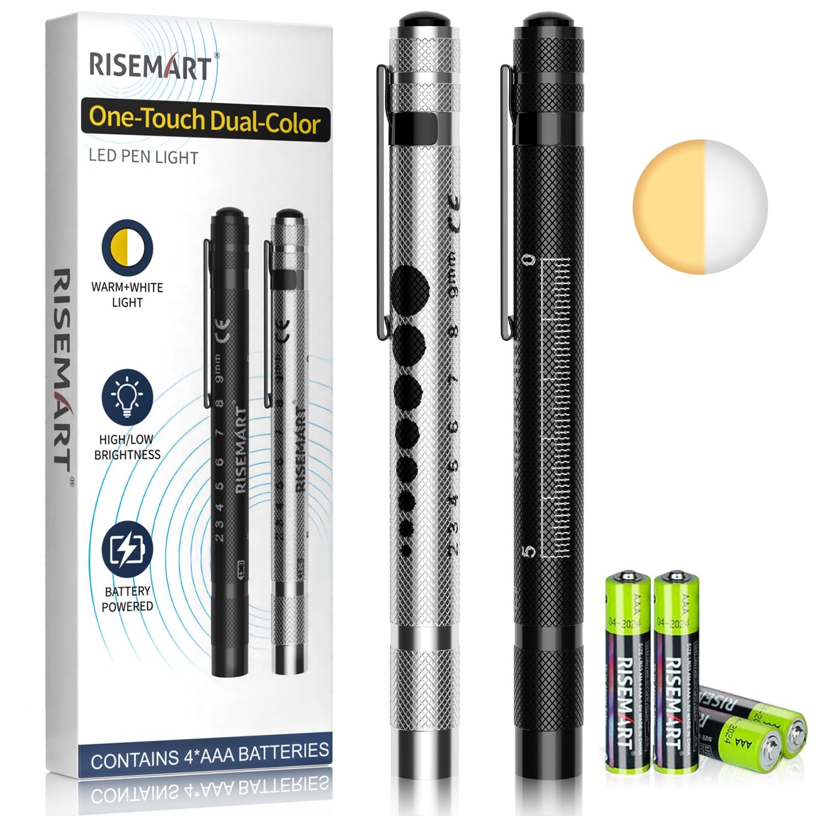 RISEMART 2 Pack Pen Light for Nurse, Medical Penlight with Black+Sliver