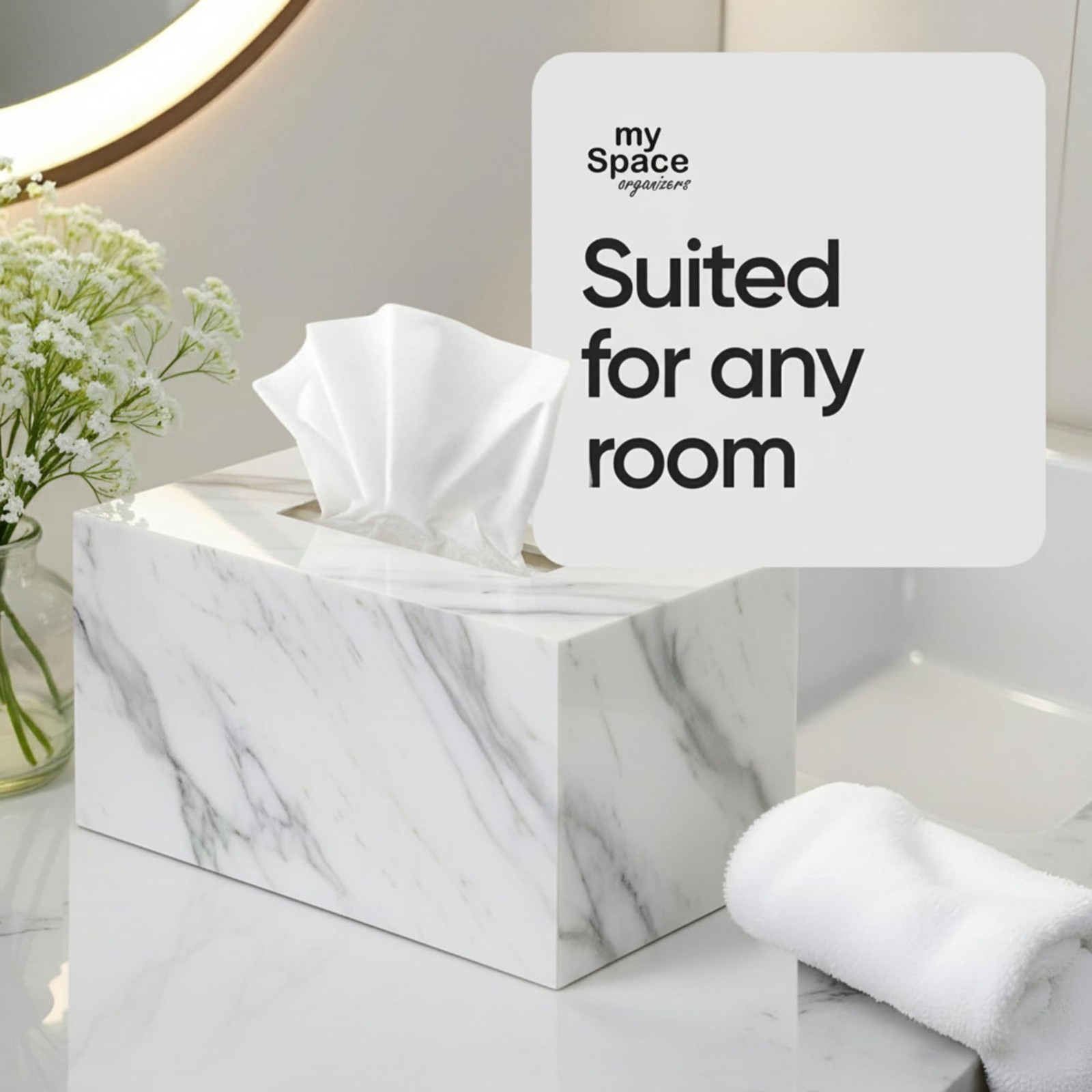 Marble Acrylic Rectangular Tissue Box Cover Holder – White – Fits Kleenex