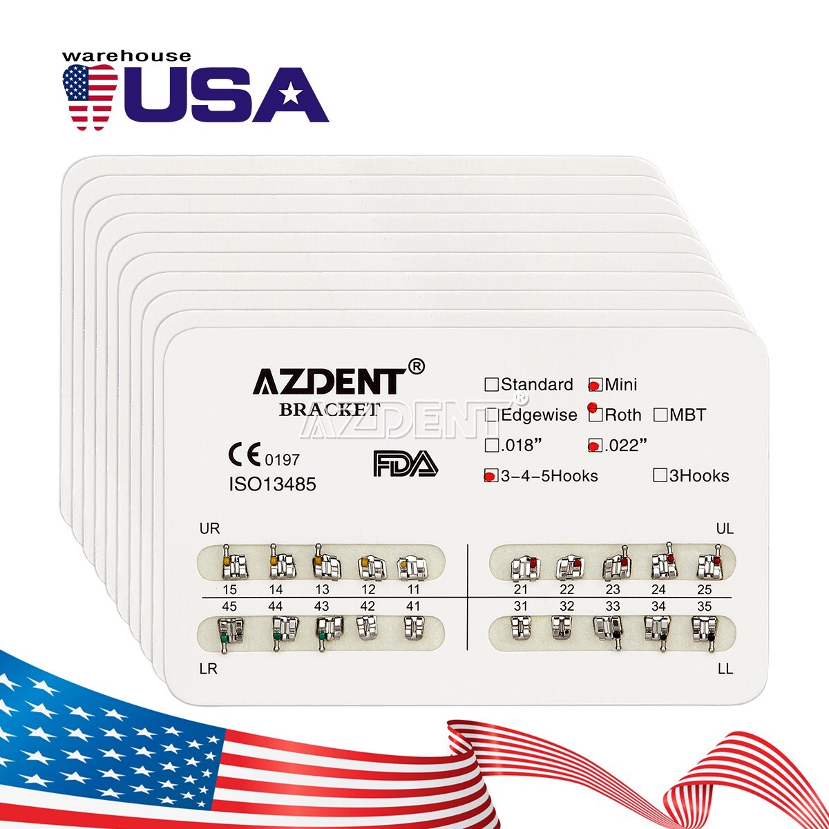20Packs Brackets dentales de ortodoncia Mini Roth 022 Ganchos 345 AZDENT