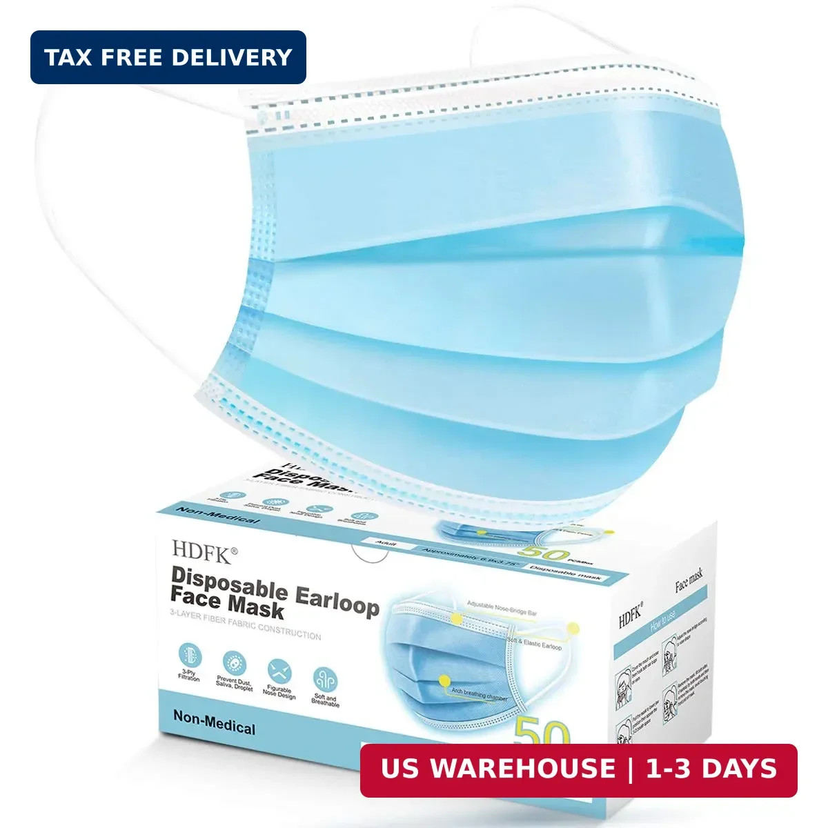 HDFK Face Mask Disposable Adults 3Ply Non-Woven with Nose Clip Ear Loop Blue 50P