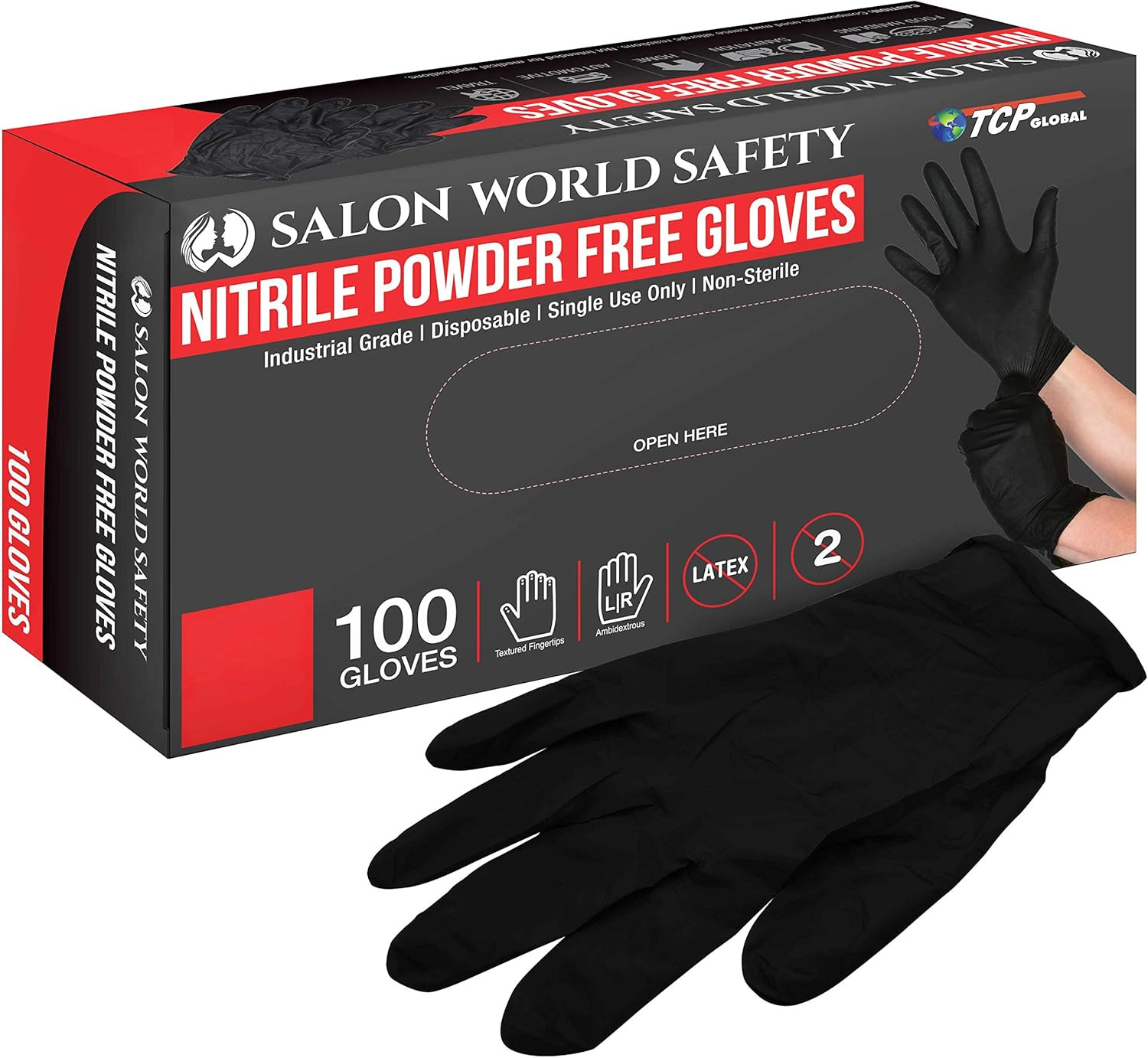 Salon World Safety Black Nitrile Disposable Gloves, Box of 100, Size X-Large, 5.