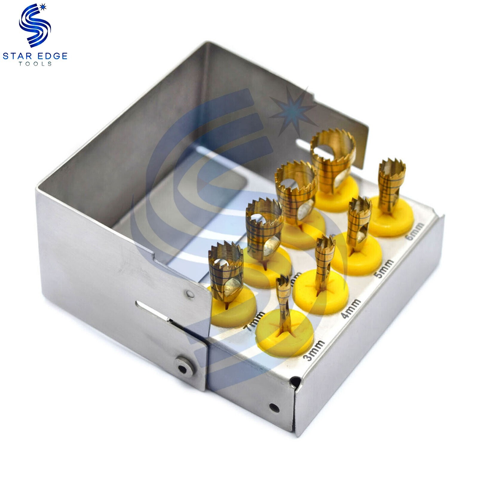 Dental Trephine 8 Pcs Drills Kit Gold Coated Surgical Surgery with Bur Holder