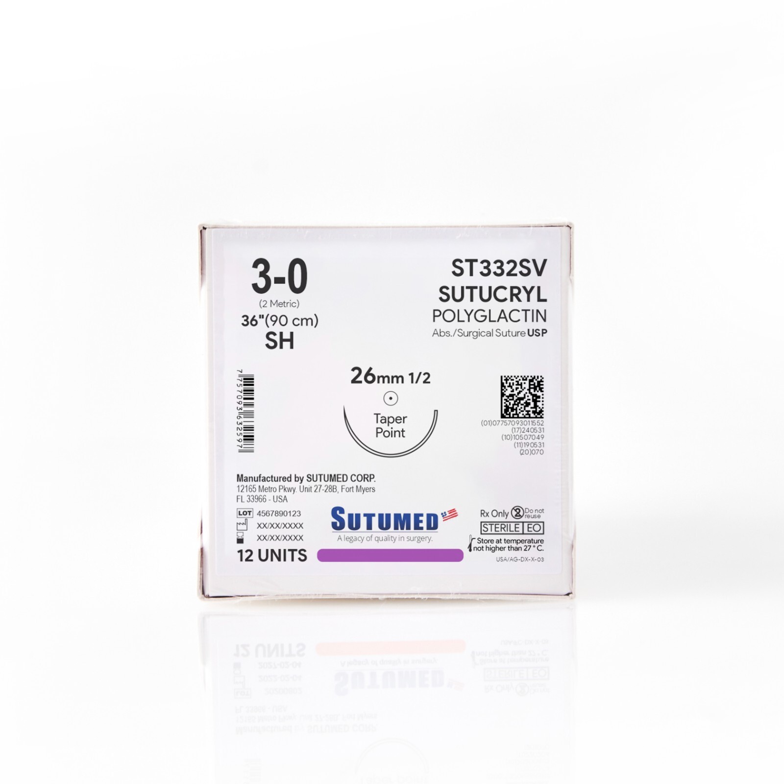 Sutumed Sutu-Cryl Polyglactin Suture USP 3-0, 1/2 26mm taper point
