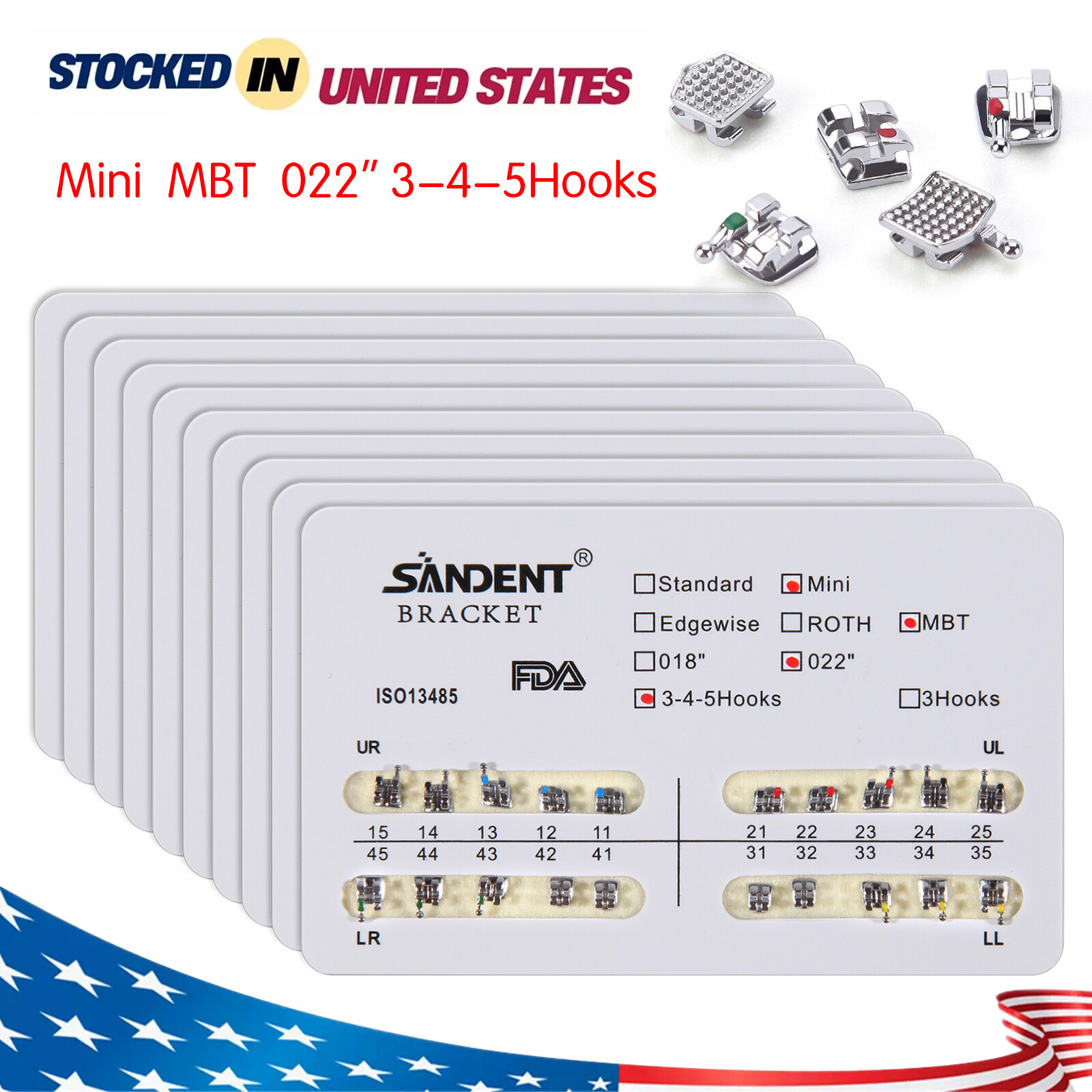 200pcs Dental Orthodontic Metal Braces Brackets Mini MBT 022 w/ 345 Hooks 10 kit