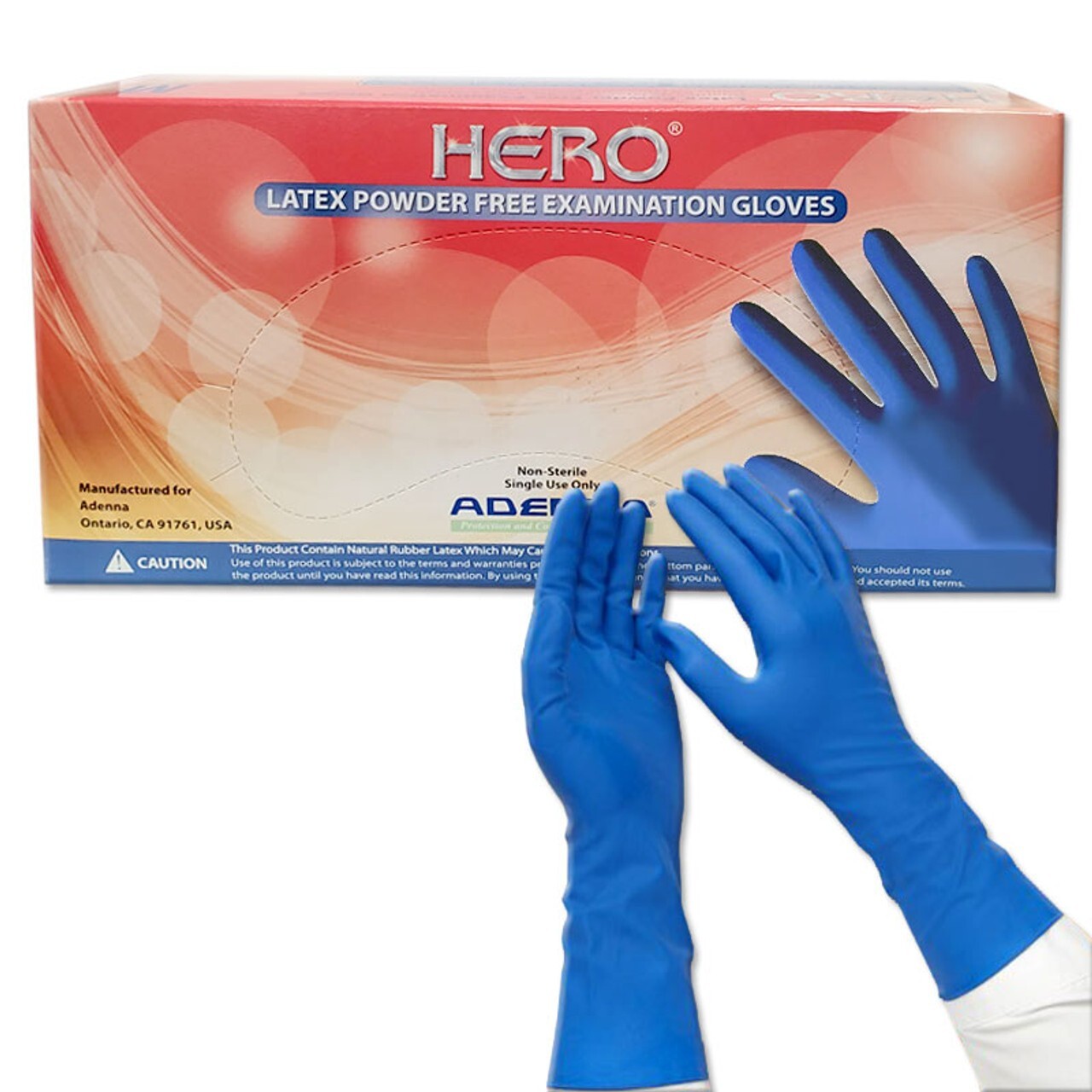Adenna HER006 Hero 14 mil Latex Powder Free Exam Gloves (Blue, Large) Box of 50