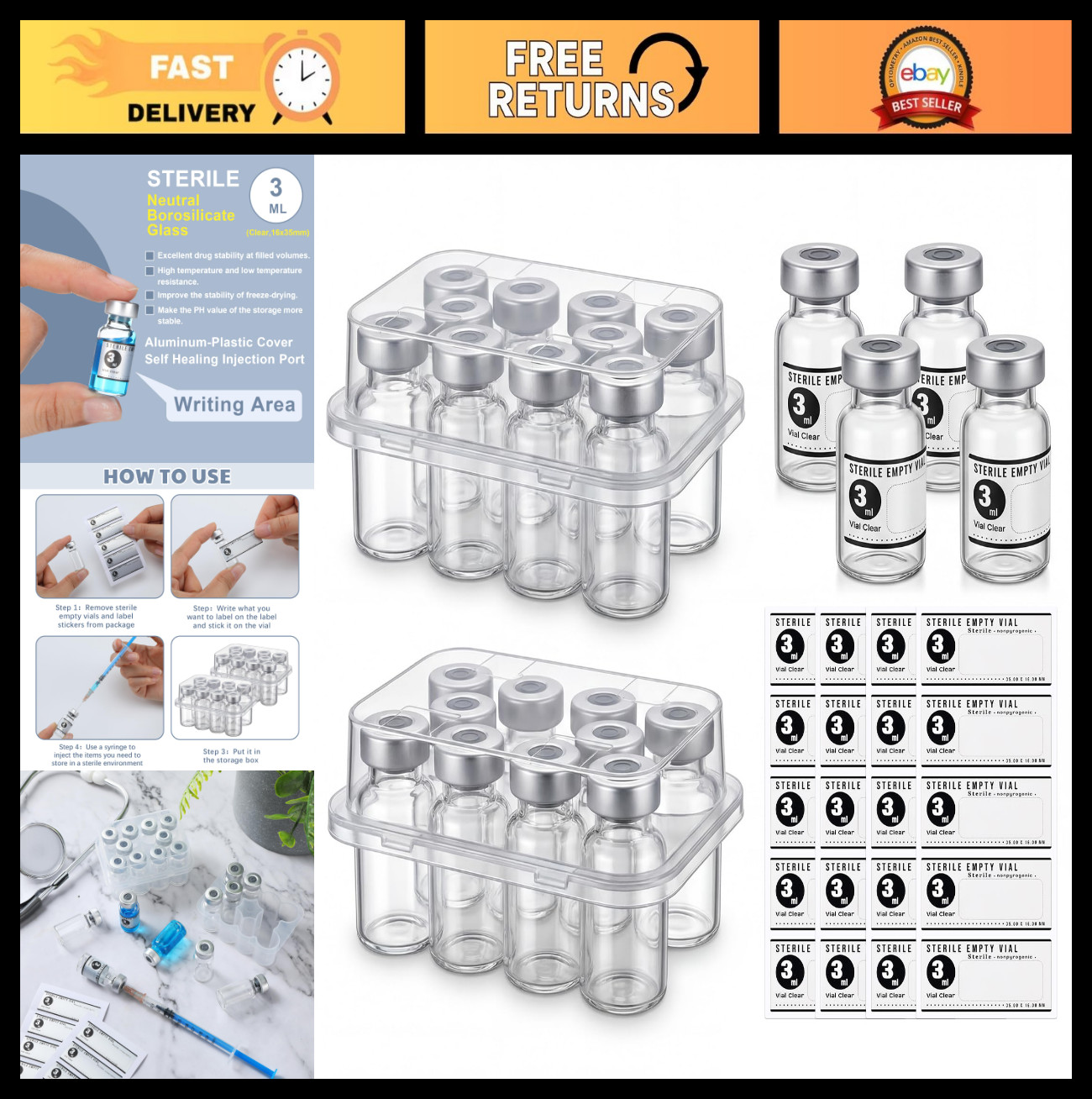 20 Pcs 3ml Sterile Empty Vials with Self-Healing Injection Port & Labels