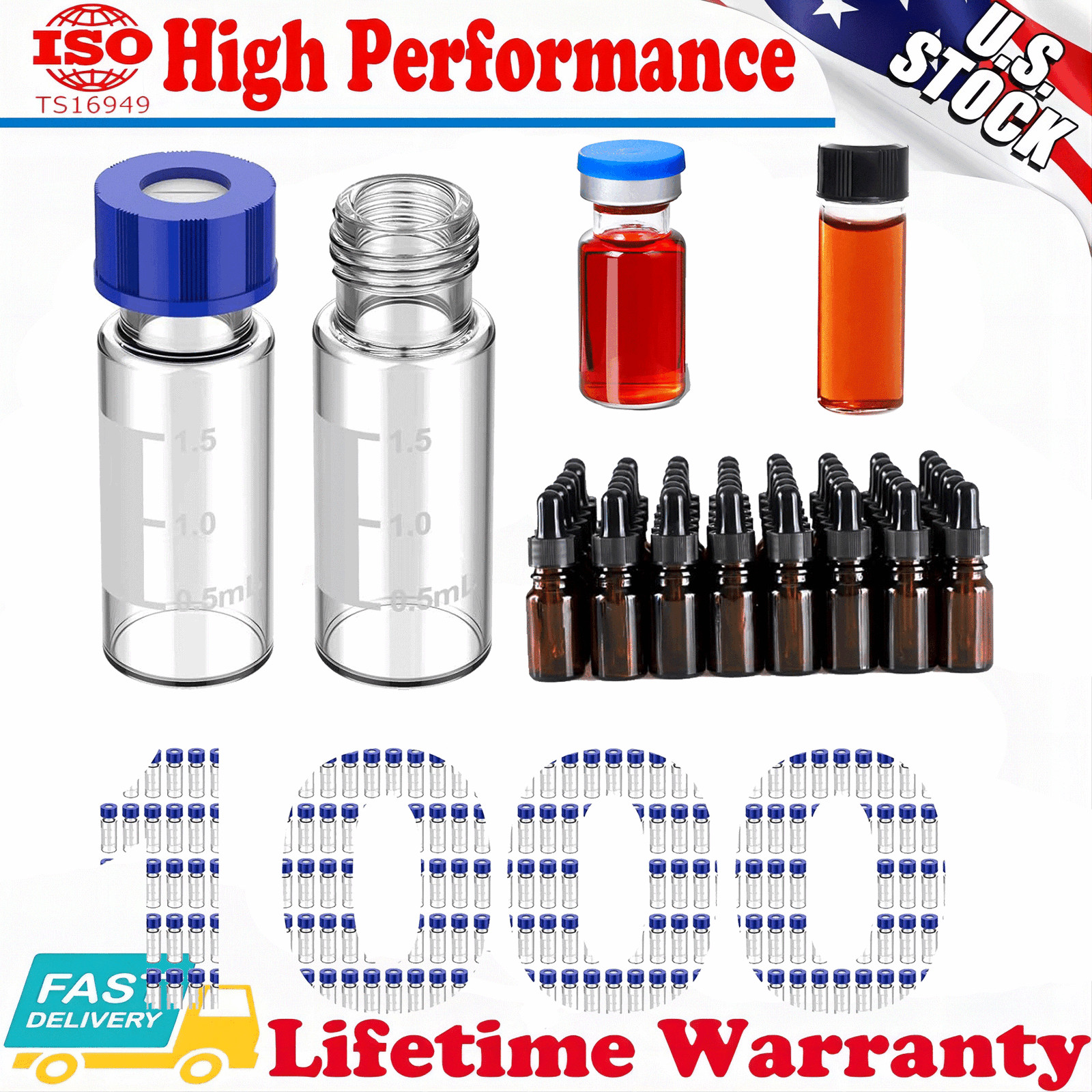 2ml Autosampler Vials 1000Pcs + 4ml/10ml Clear Glass Vials+Amber Dropper Bottles