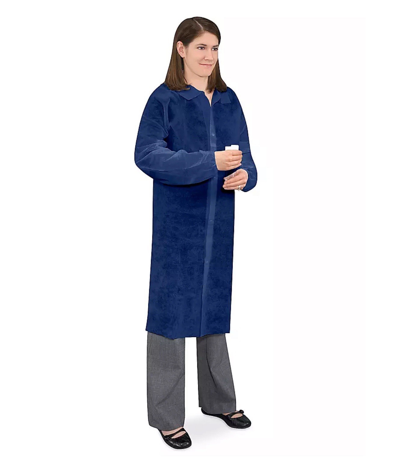 Uline Navy Polypropylene Lab Coats Large S-15374NB-L 25/Box Snap Front
