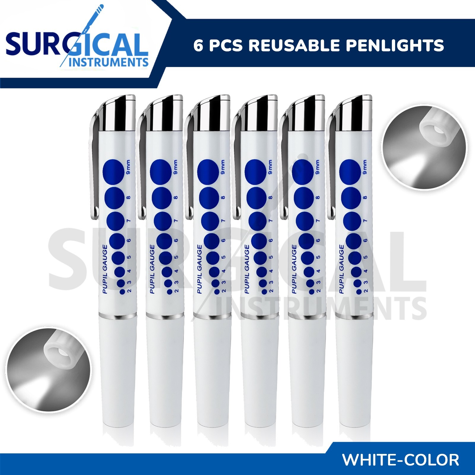 6 Pcs LED Medical Diagnostic Reusable Penlight + Pupil Gauge + AAA Batteries