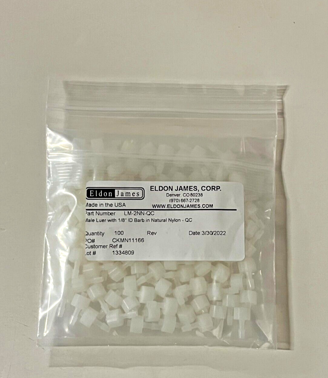 New Eldon James LM-2NN-QC Male Luer W 1/8″ ID Barb Natural Nylon QTY 100