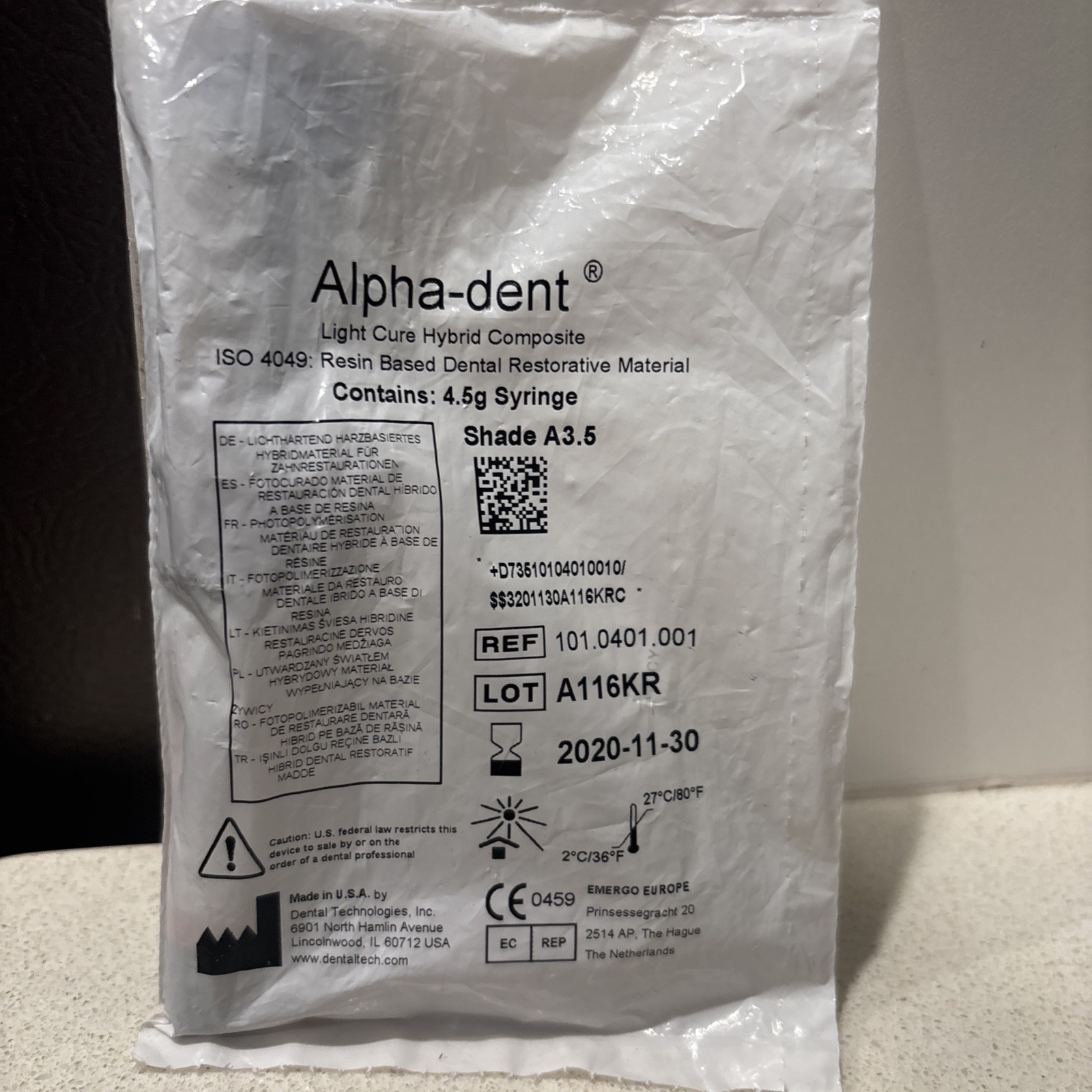 Alpha-dent packable composite shade A3.5 / 4.5g exp: 2020-11