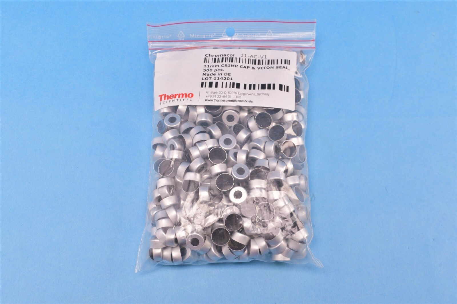500 Thermo Scientific Chromacol 11mm Aluminium Crimp Cap Viton Liner 11-AC-V1