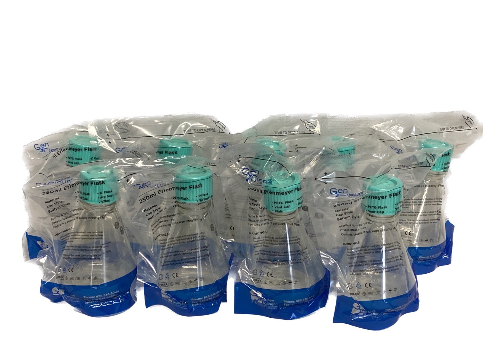 (9) GENESEE GenClone 250mL PETG Erlenmeyer Shaker Culture Flasks w/ Vented Caps
