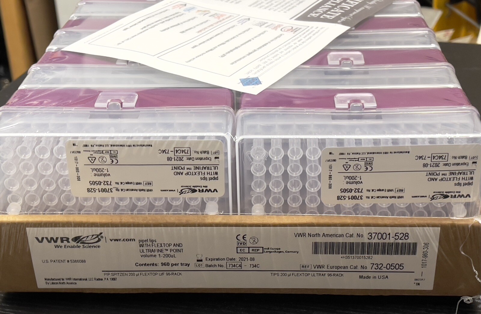 VWR 37001-528 1-200µL Flextop and Ultrafine Point Pipet Tips Tray of 960