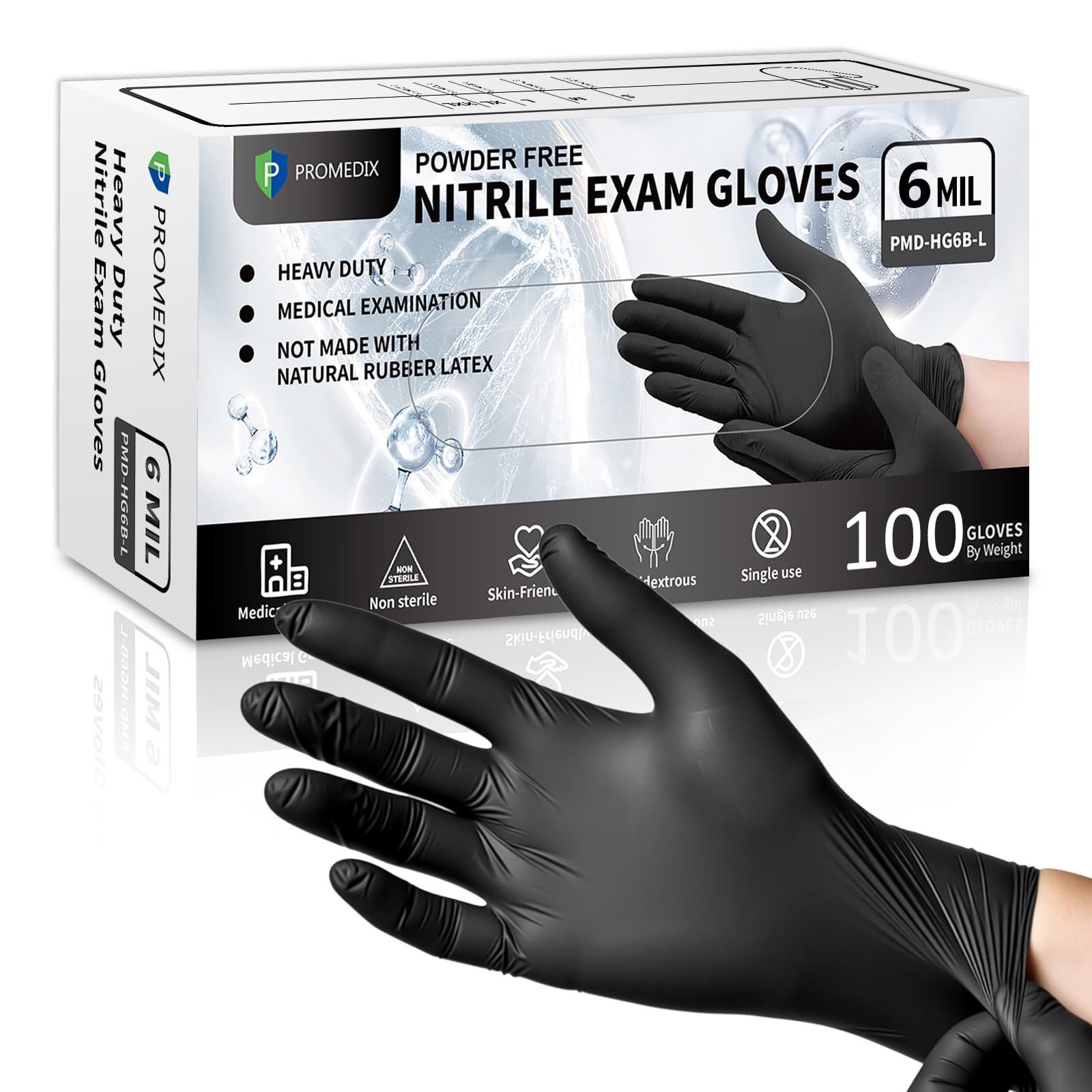 PROMEDIX Black Nitrile Gloves 6Mil 100Ct Latex Free Food Safe Disposable