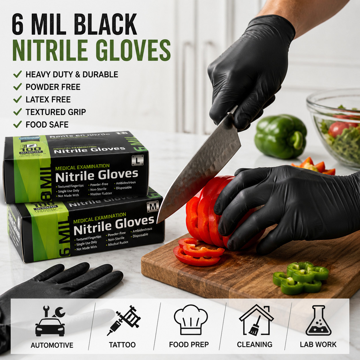Lot of 8 Black Nitrile Gloves 800 Total MEDIUM 6 Mil Tattoo Mechanic Food Safe
