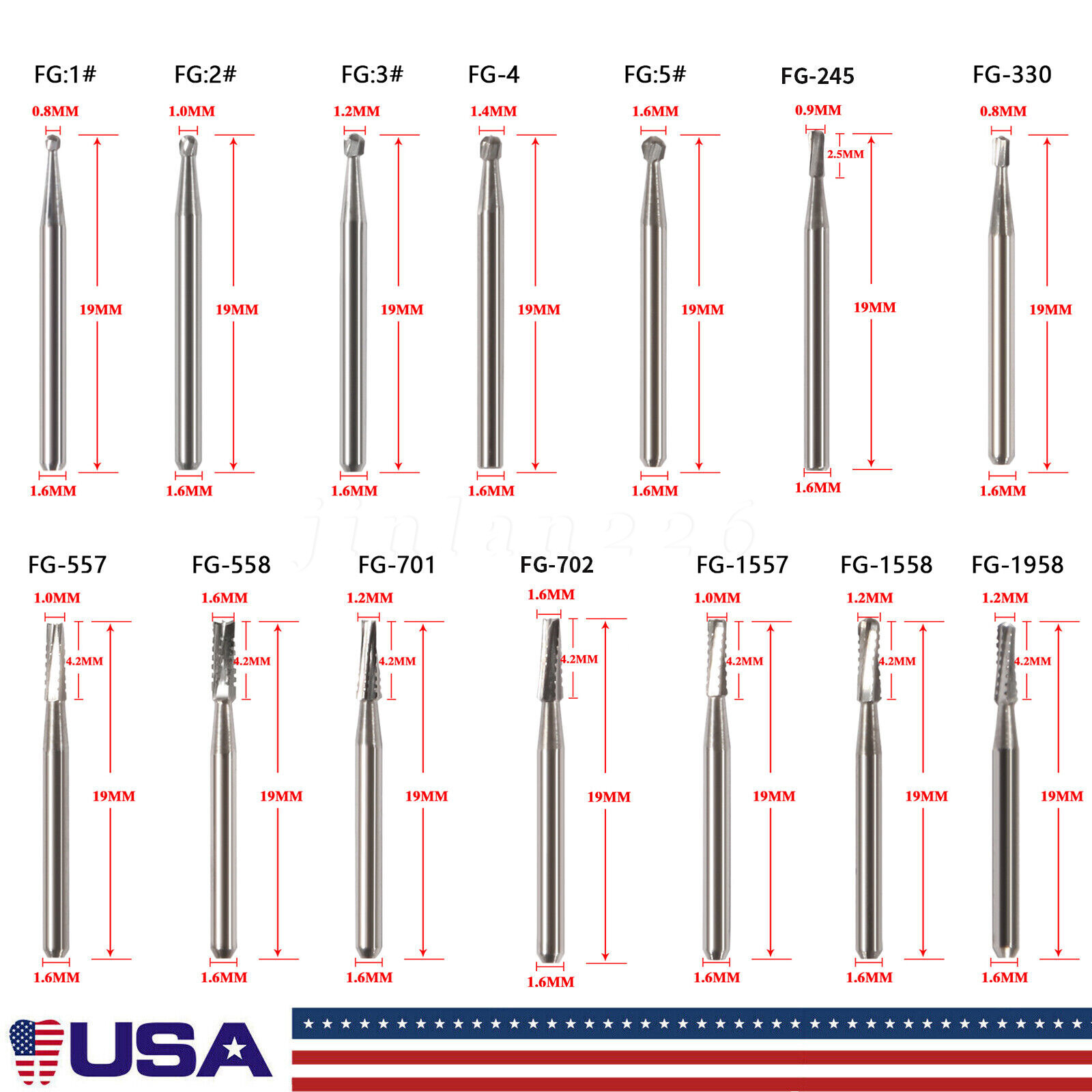 Dental Carbide Burs FG 330 245 1-5 701 Bur High Speed Pear Domed Taper Fissure