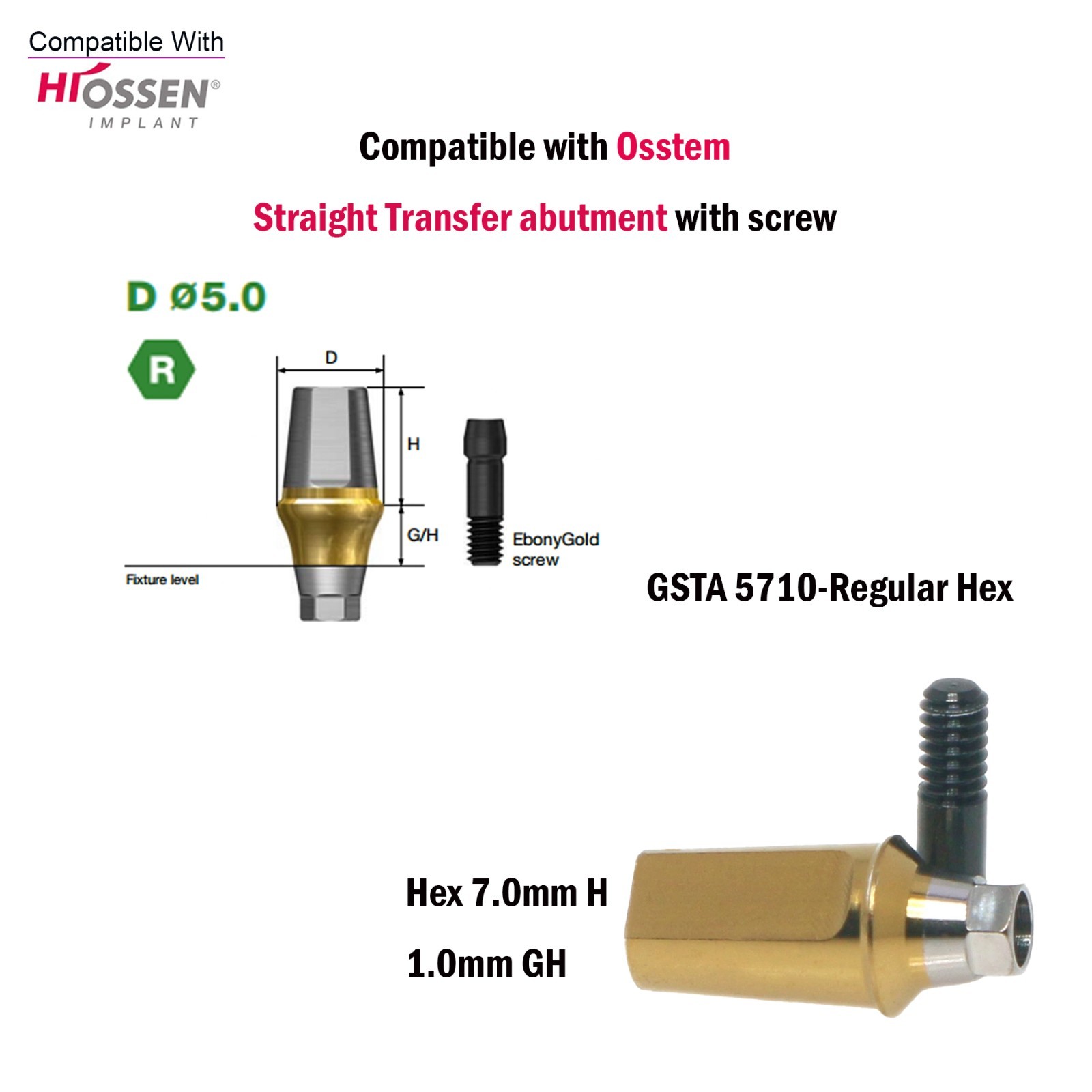 US Regular Straight Transfer Abutment Ø5.0 For Osstem Hiossen Hex 7.0mm Implants