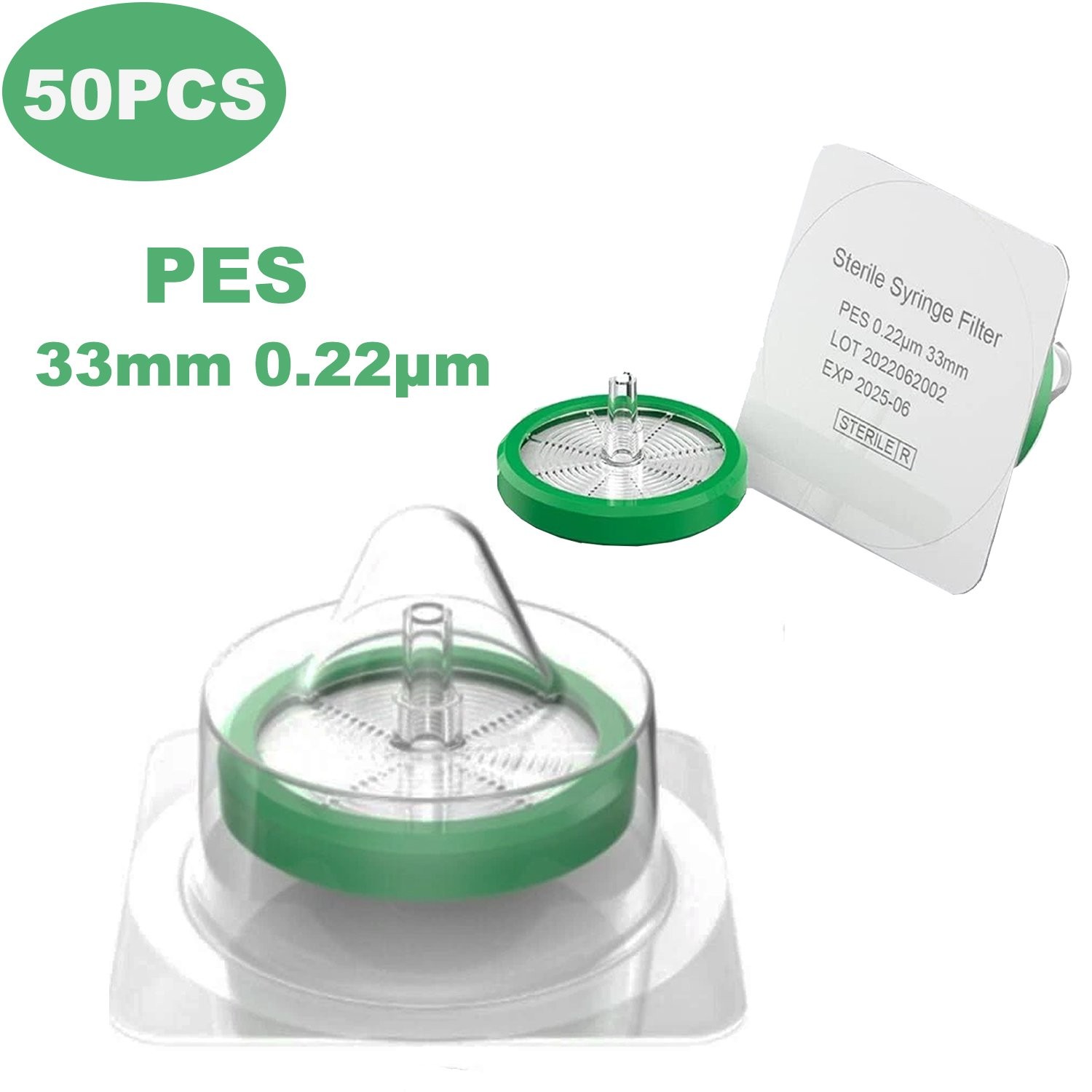 US Sterile Syringe Filter 33mm 0.22 Micron PES Membrane Hydrophilic Filter 50Pcs